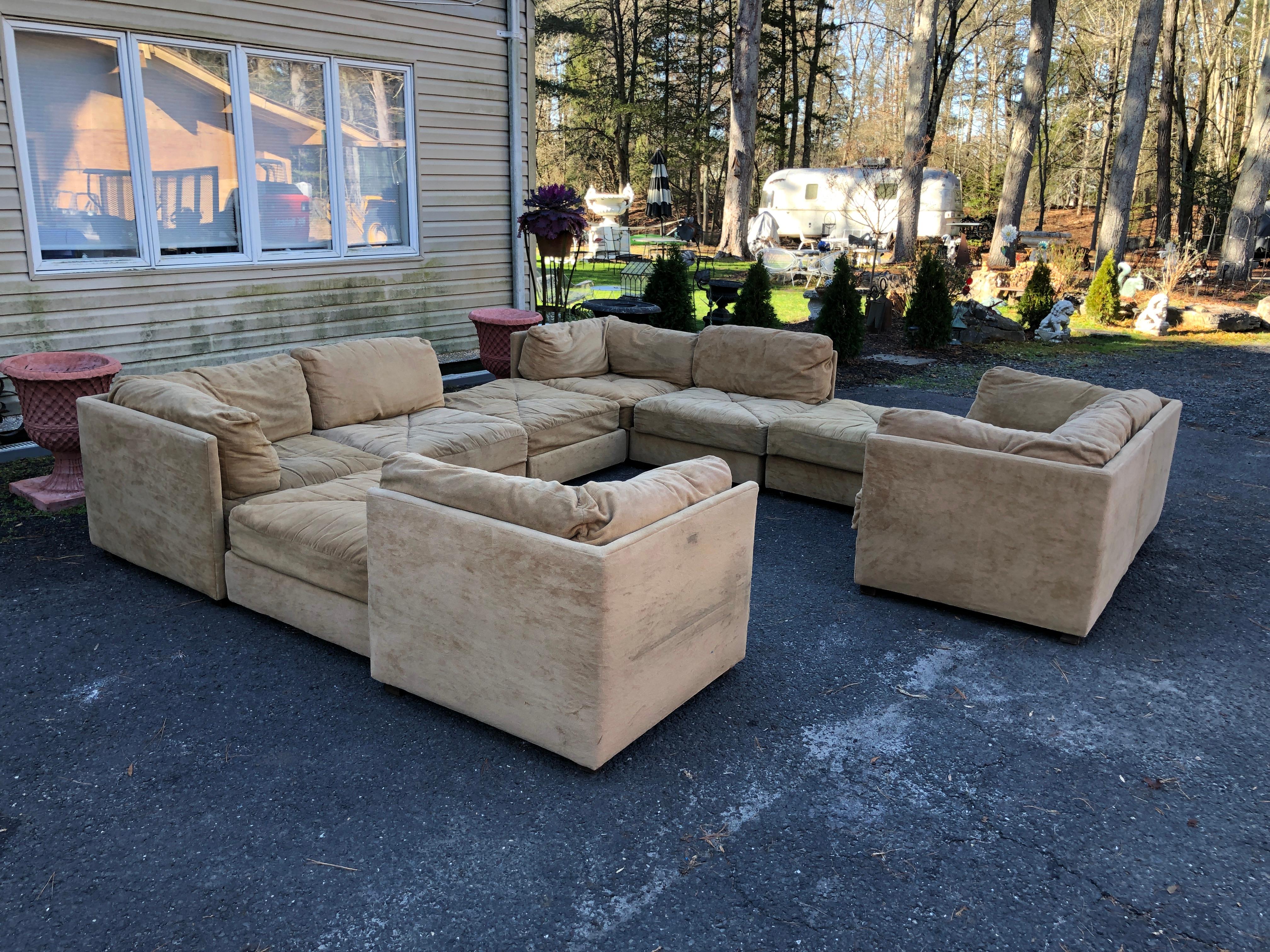 Magnificent 10 piece Milo Baughman style cube sectional sofa by Selig.  This is a big one to say the least with 5 corner pieces, 2 side pieces and 3 ottomans-Wow! This sectional can be arranged in a multitude of ways, even making 2 separate sofas.  