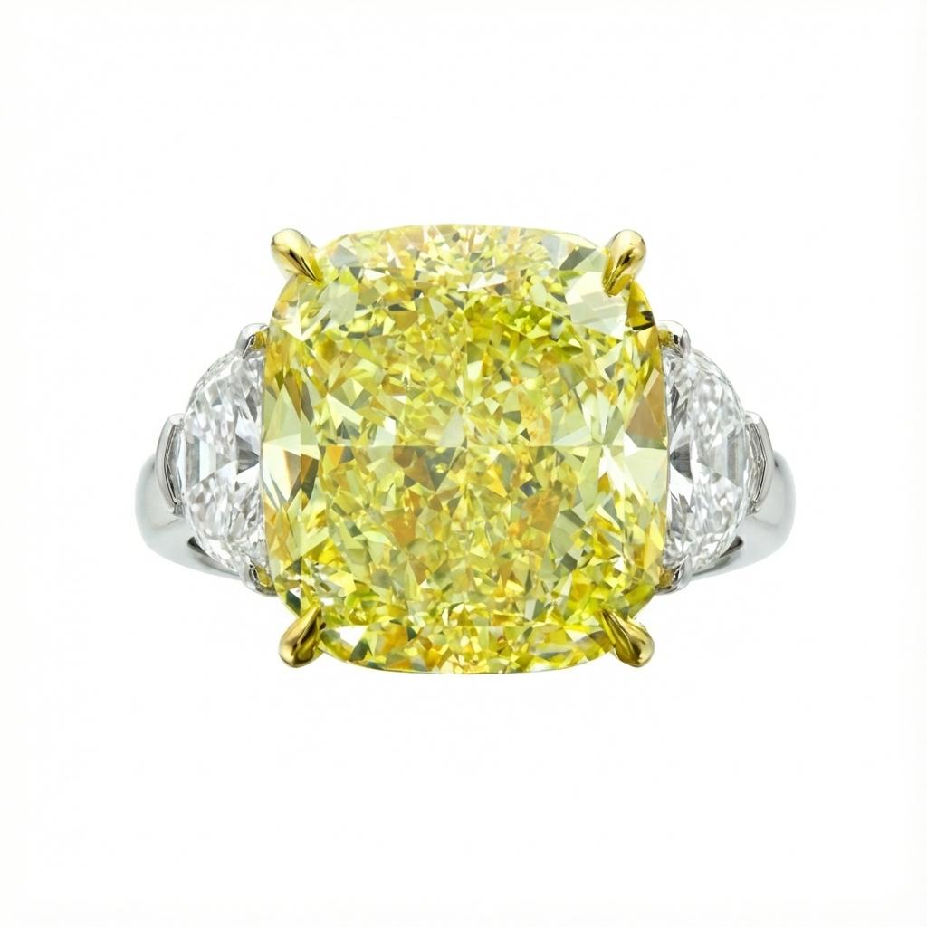 Prova un'esperienza di pura luminosità con questo straordinario diamante brillante modificato a cuscino Fancy Yellow da 10,11 carati, certificato GIA, una gemma eccezionalmente rara che mostra una tonalità di giallo naturale brillante e