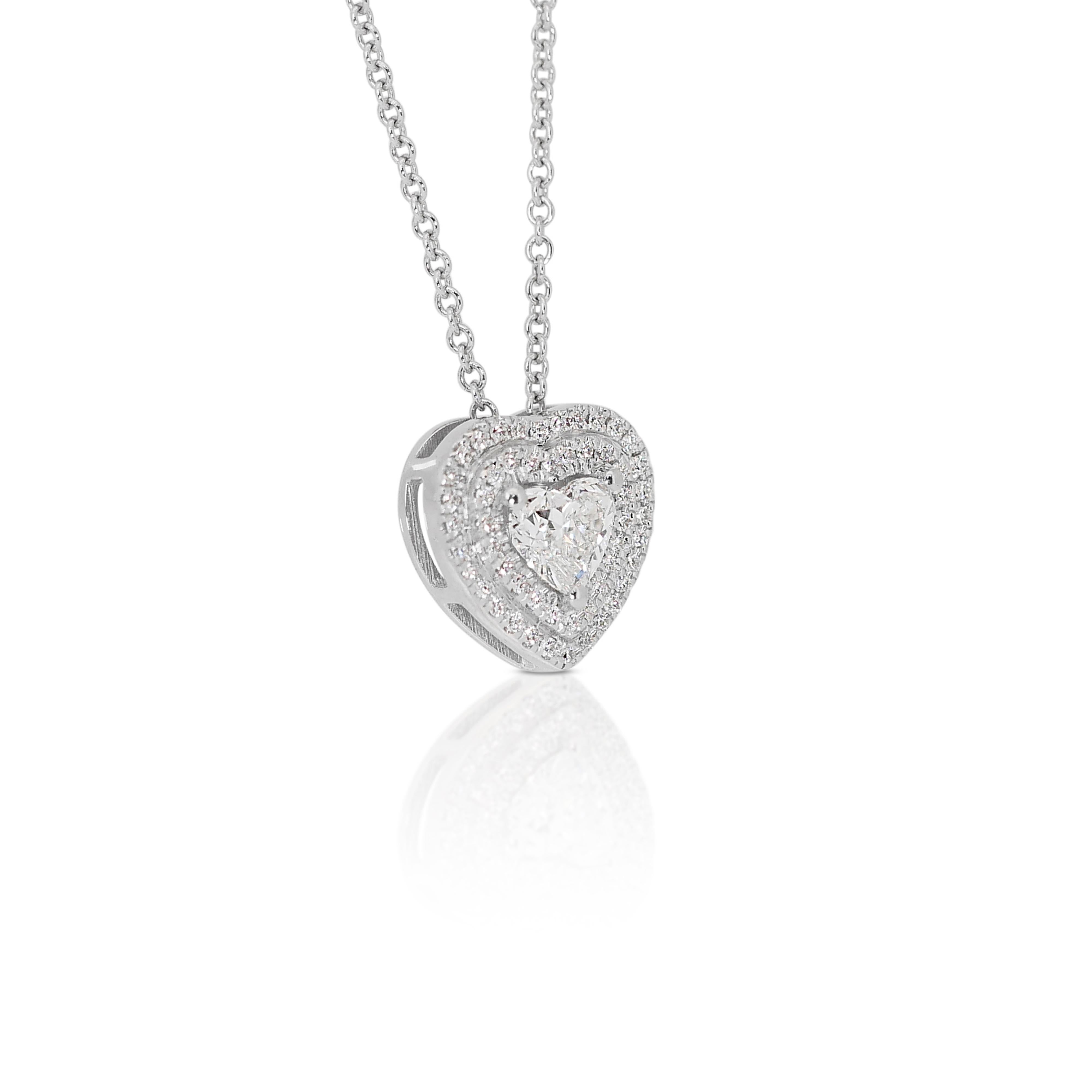 Heart Cut Magnificent 1.01ct Diamonds Double Halo Necklace with Pendant in 18k White Gold For Sale