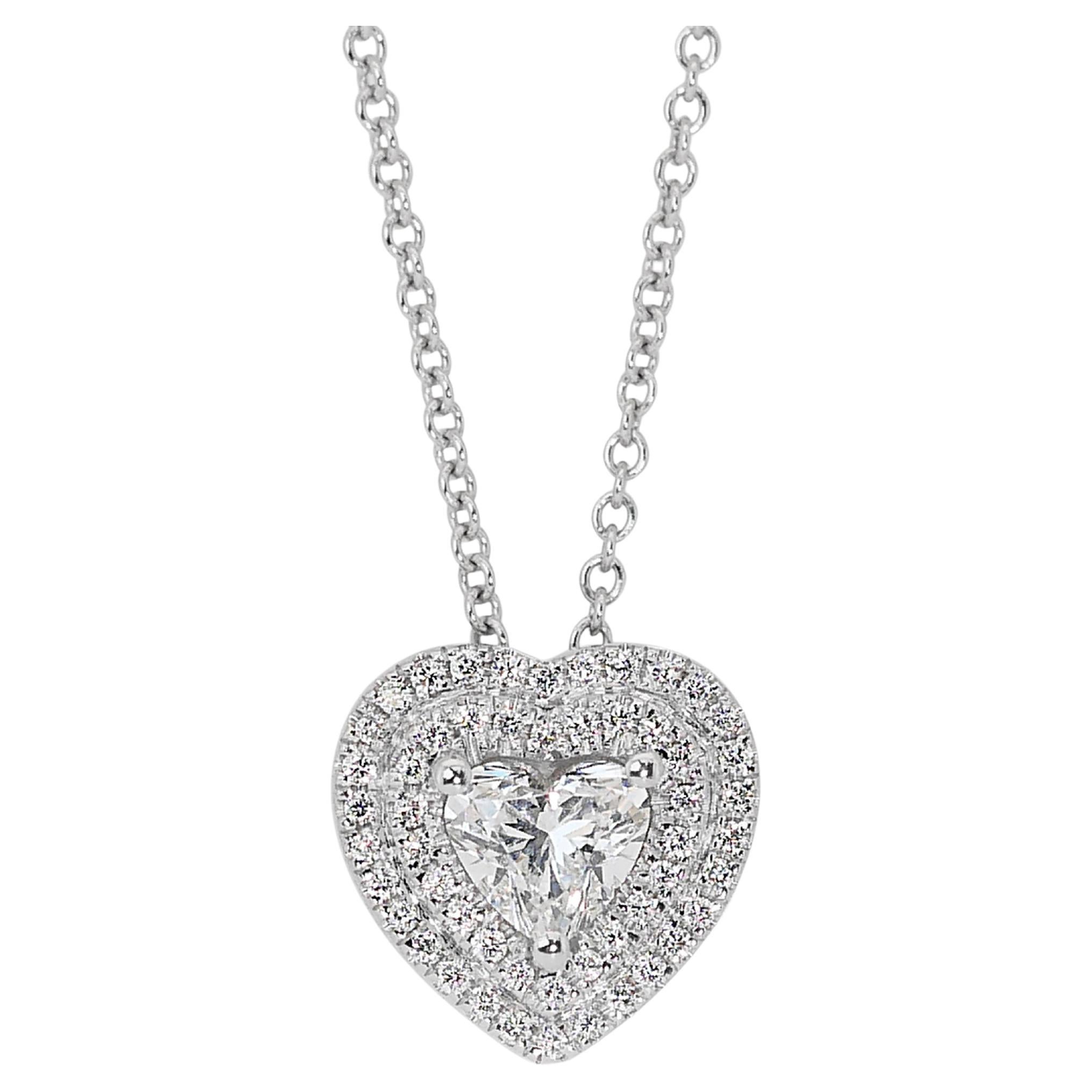 Magnificent 1.01ct Diamonds Double Halo Necklace with Pendant in 18k White Gold For Sale