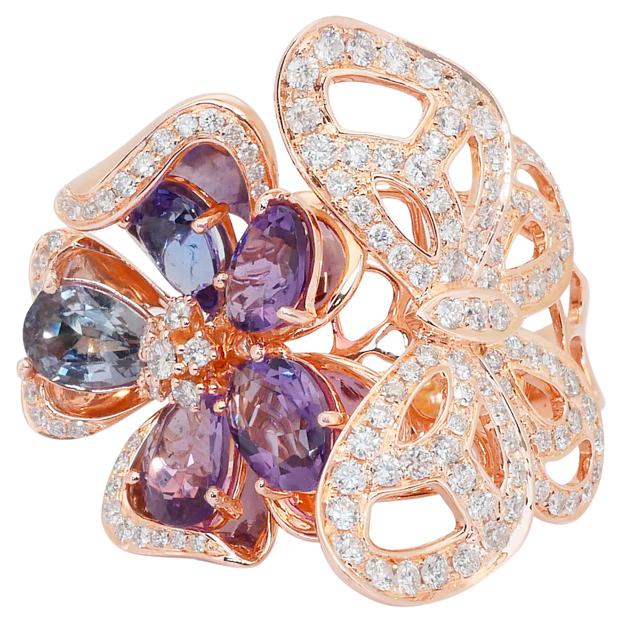 Prächtiger Cocktailring mit 10,84ct Amethysten, Tansaniten und Diamanten im Angebot