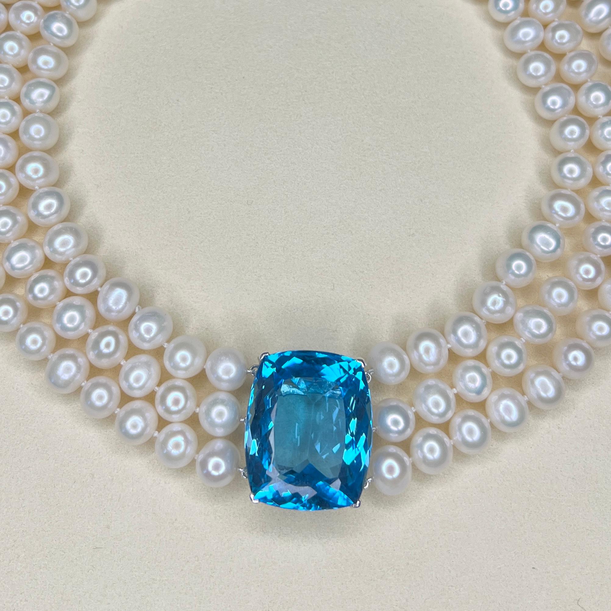 Magnificent 110-Carat Swiss Topaz and Triple-Strand Pearl Statement Necklace For Sale 3