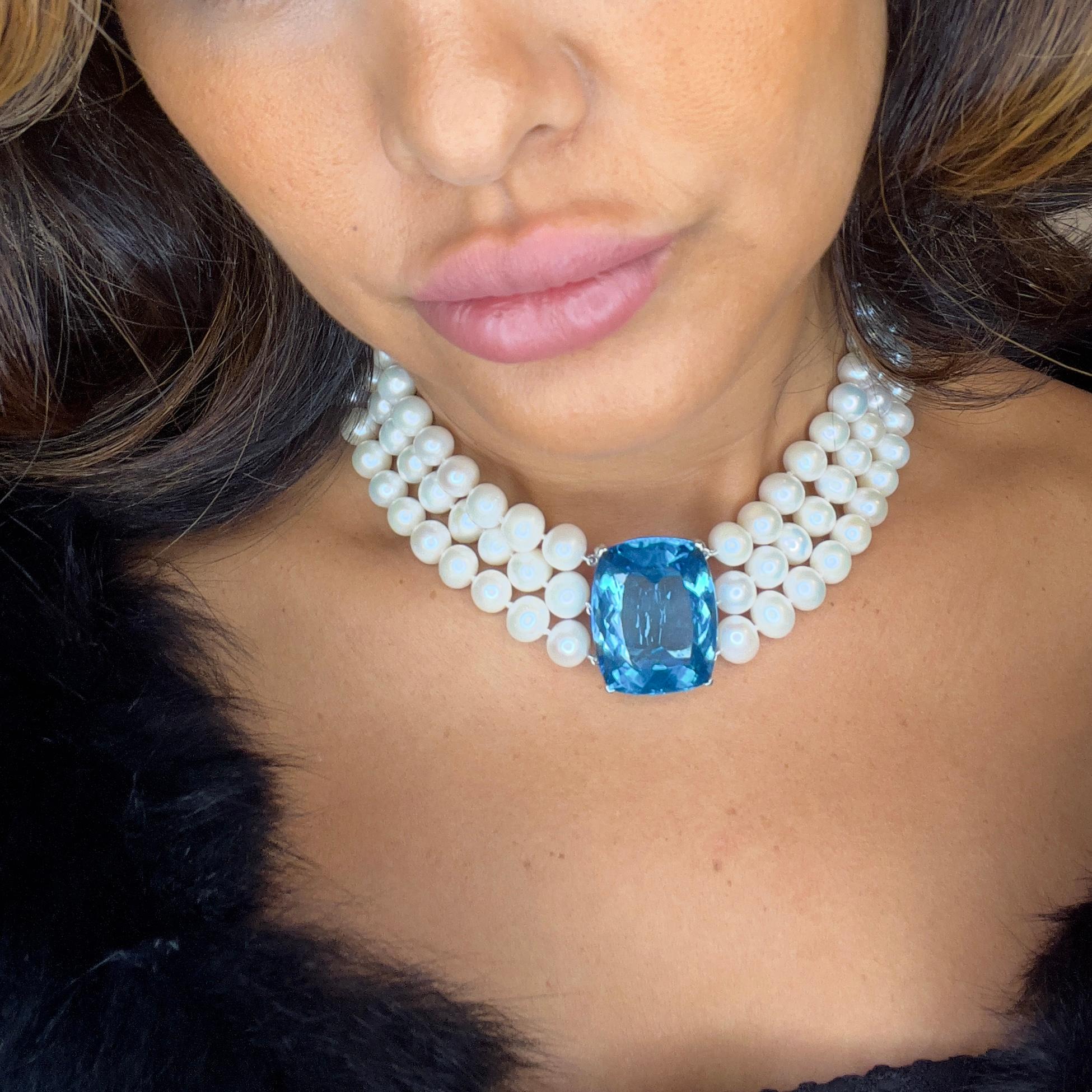 Cushion Cut Magnificent 110-Carat Swiss Topaz and Triple-Strand Pearl Statement Necklace For Sale