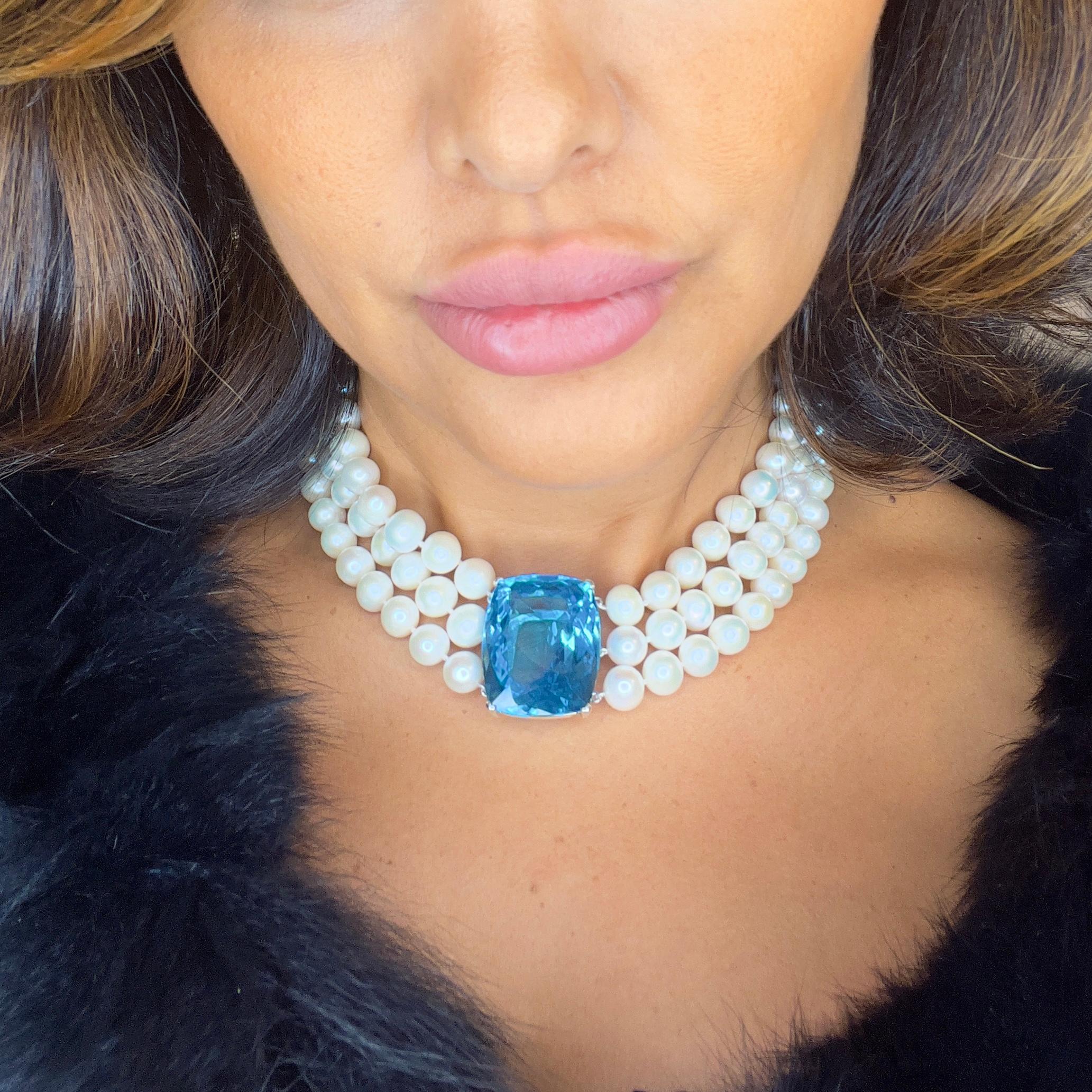Magnificent 110-Carat Swiss Topaz and Triple-Strand Pearl Statement Necklace In New Condition For Sale In Markham, CA