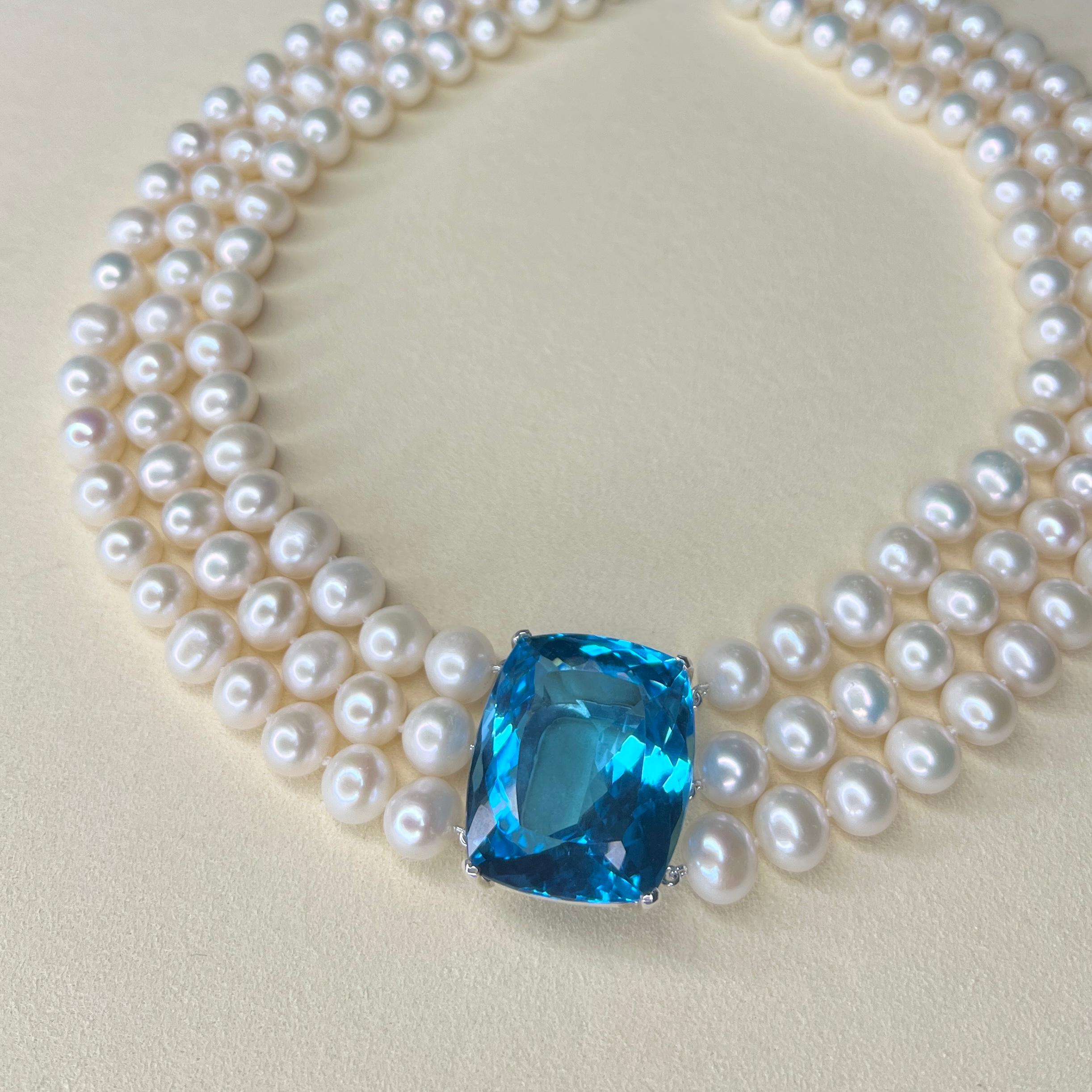 Women's Magnificent 110-Carat Swiss Topaz and Triple-Strand Pearl Statement Necklace For Sale