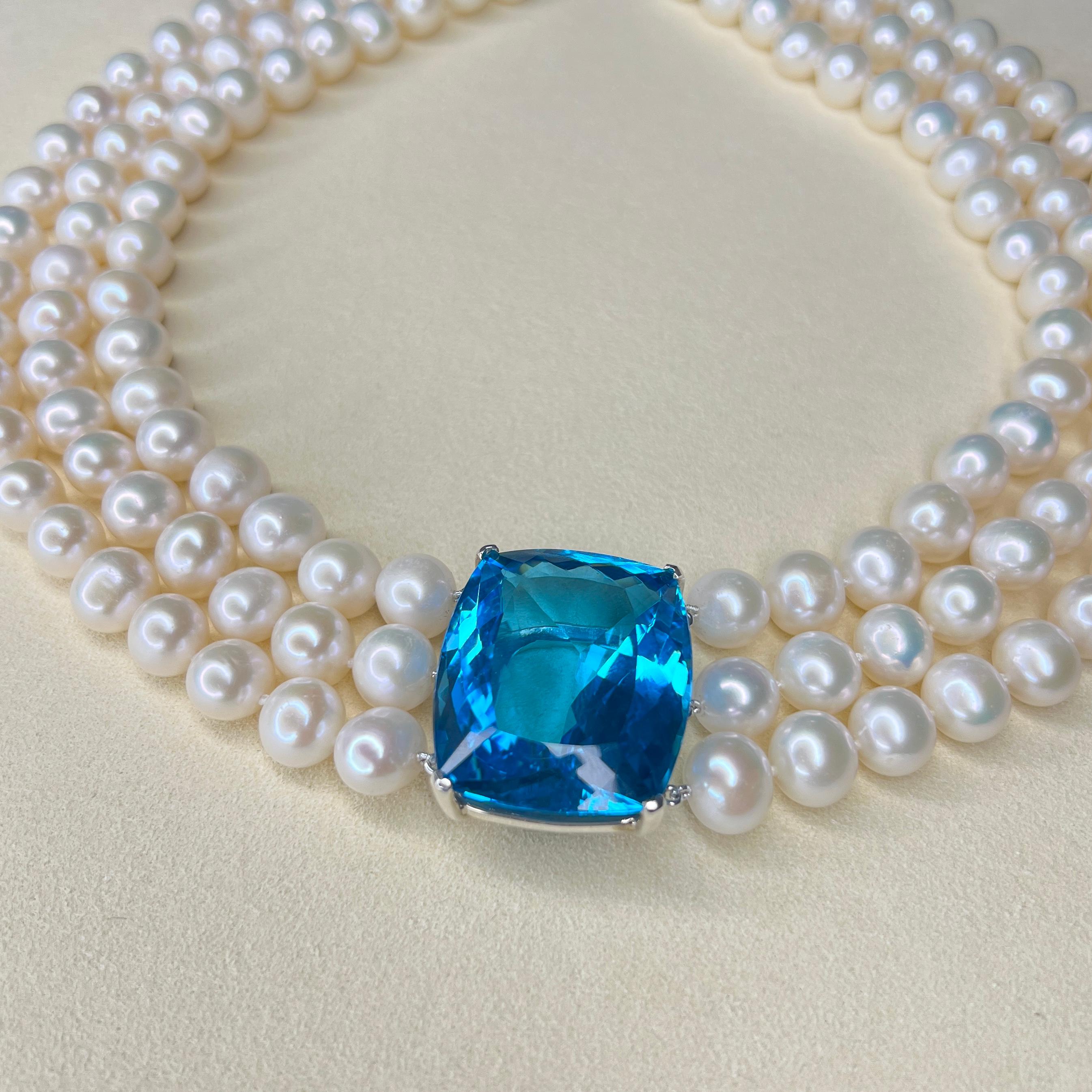 Magnificent 110-Carat Swiss Topaz and Triple-Strand Pearl Statement Necklace For Sale 2