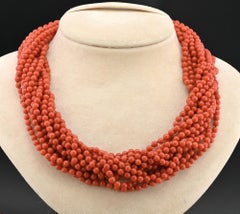 Magnificent 12 Strand Italian Red Sardinia Coral Torsade 18 KT Clasp