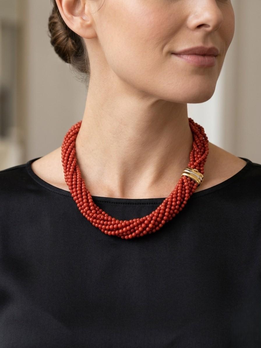 Magnificent 12 Strand Italian Red Sardinia Coral Torsade 18 KT