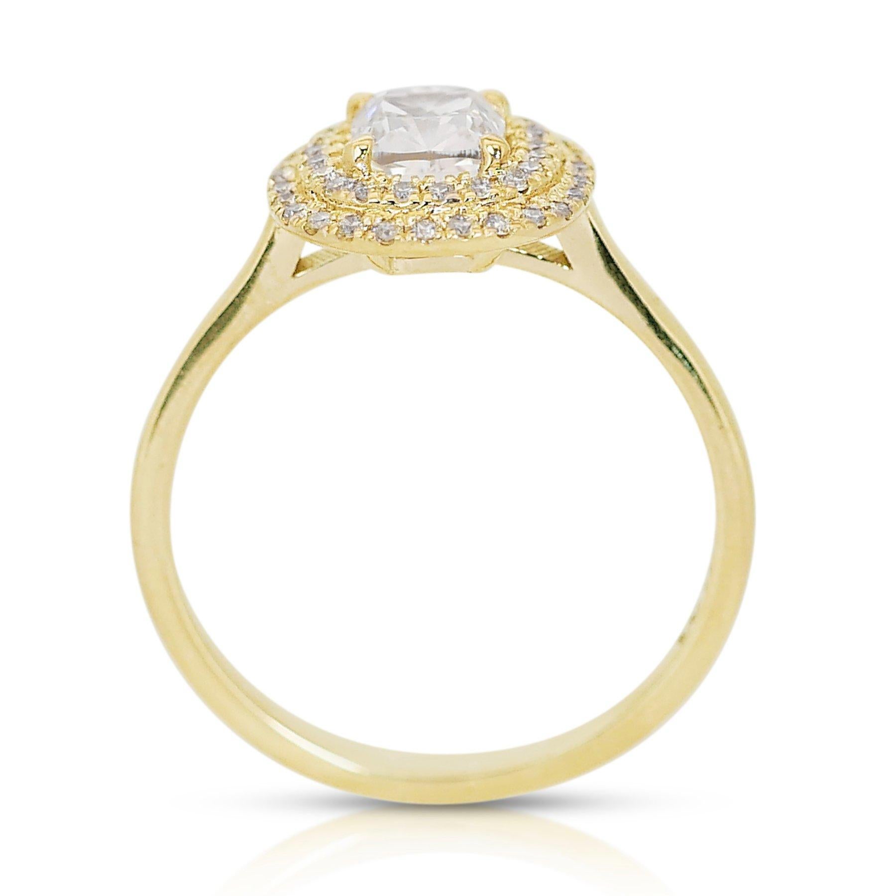 Magnificent 1.22ct Diamond Double Halo Ring in 18k Yellow Gold - GIA Certified For Sale 2