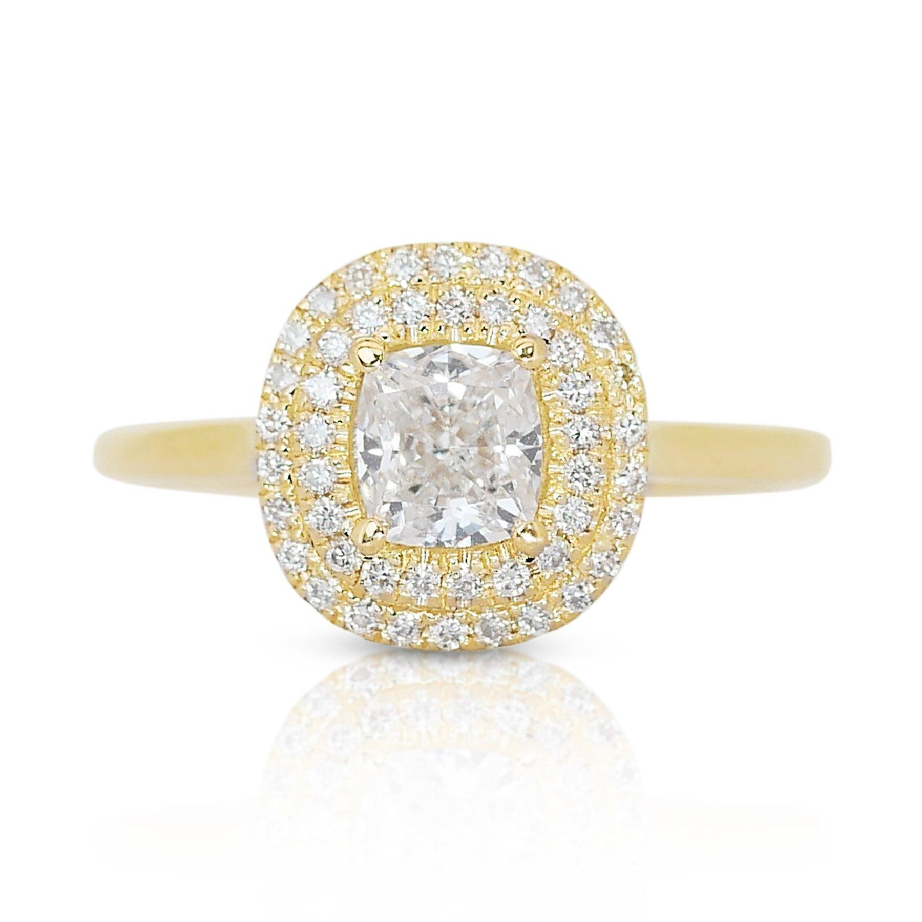 Magnificent 1.22ct Diamond Double Halo Ring in 18k Yellow Gold - GIA Certified For Sale 3