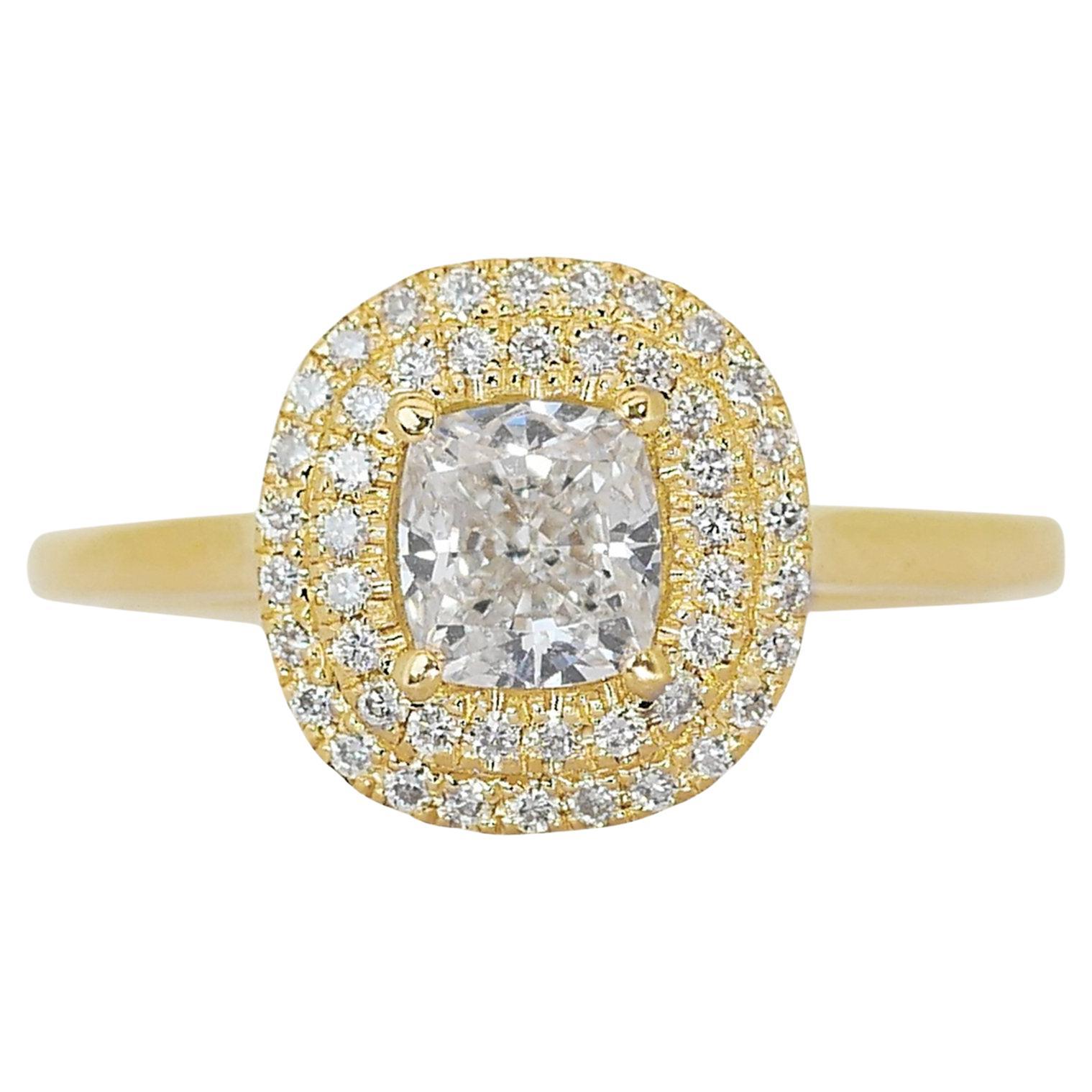 Magnificent 1.22ct Diamond Double Halo Ring in 18k Yellow Gold - GIA Certified For Sale