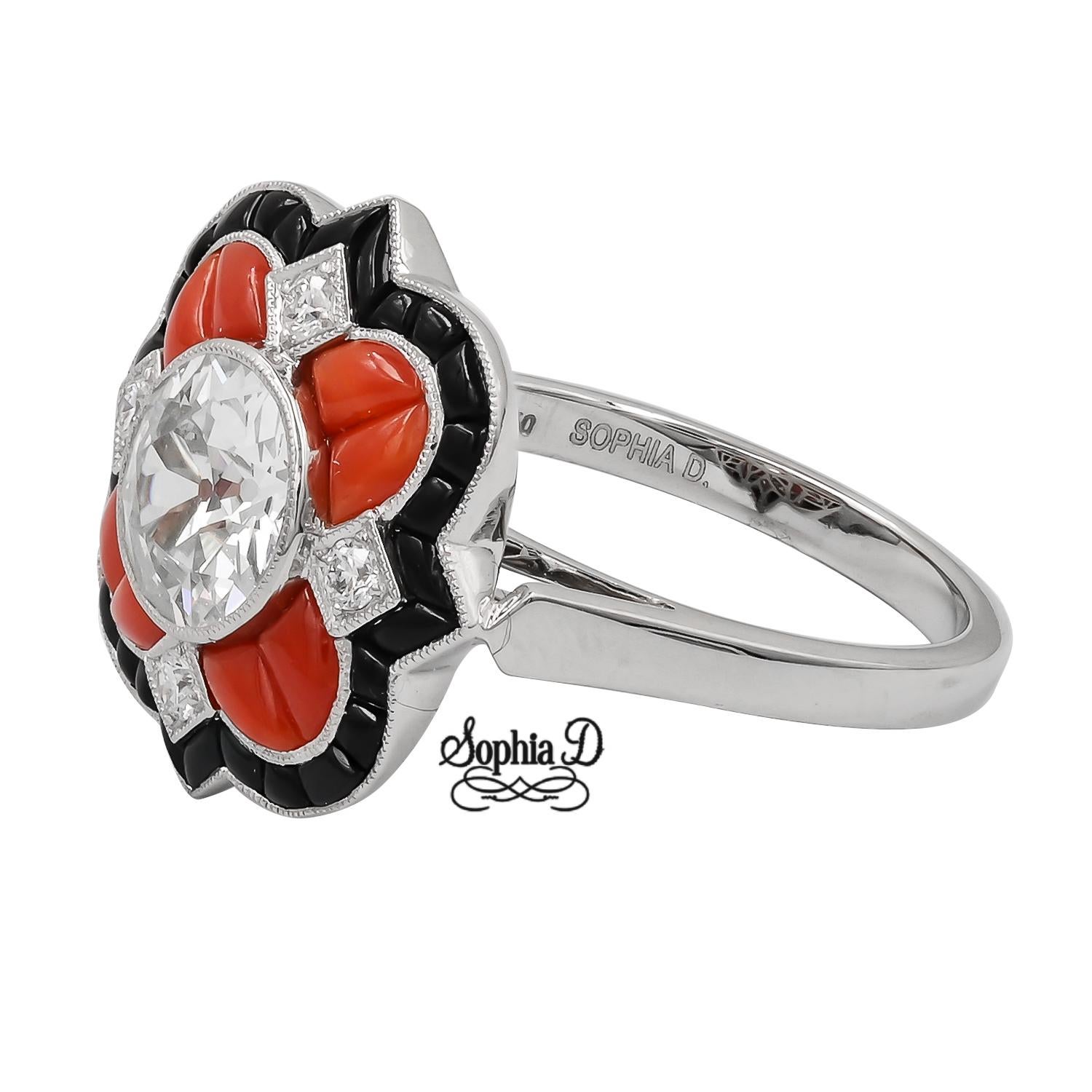Round Cut Sophia D. 1.23 Carat Art Deco Ring with Coral and Onyx For Sale