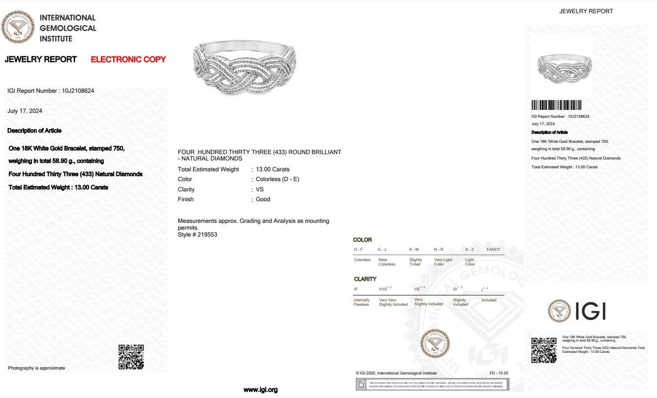 Magnificent 13.00ct Diamonds Bracelet in 18k White Gold - IGI Certified 1