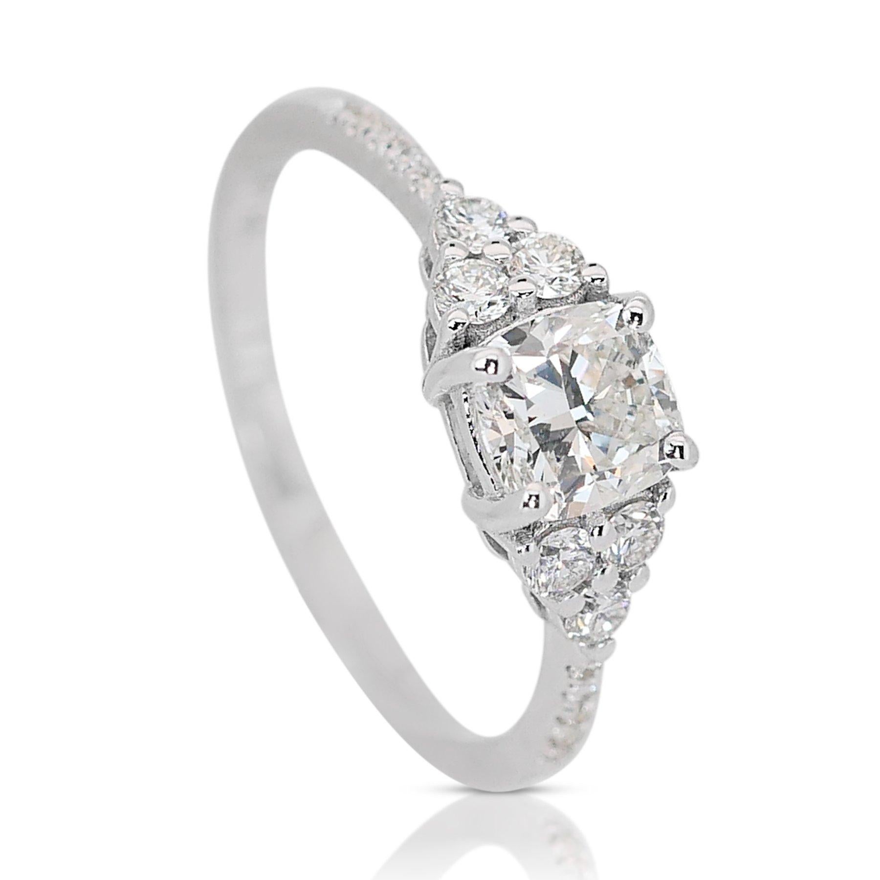 Cushion Cut Magnificent 1.30ct Diamonds Pave Ring in 14k White Gold - GIA Certified For Sale