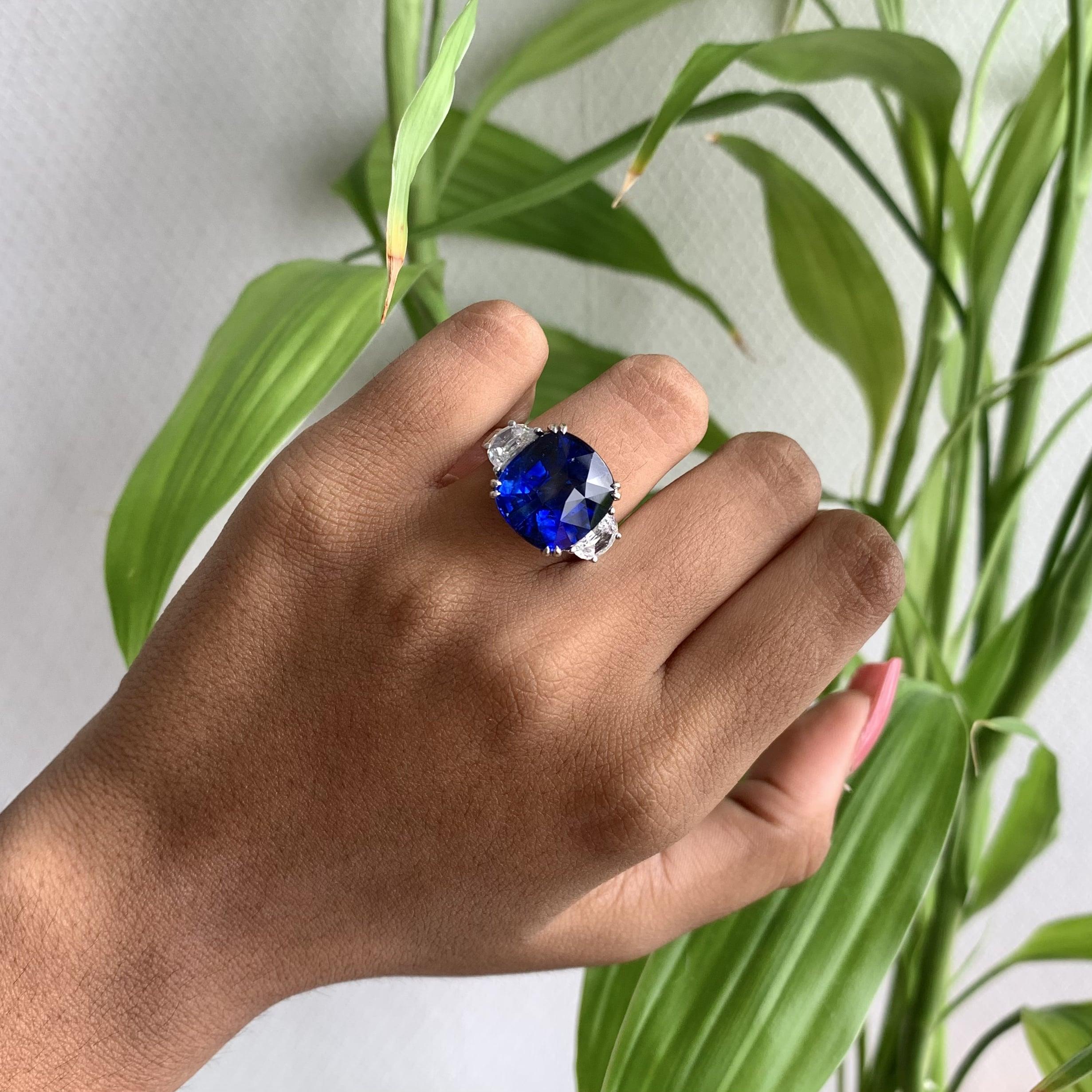 Cushion Cut Magnificent 13.48 Carat Blue Sapphire Three Stone Ring in 18K White Gold For Sale