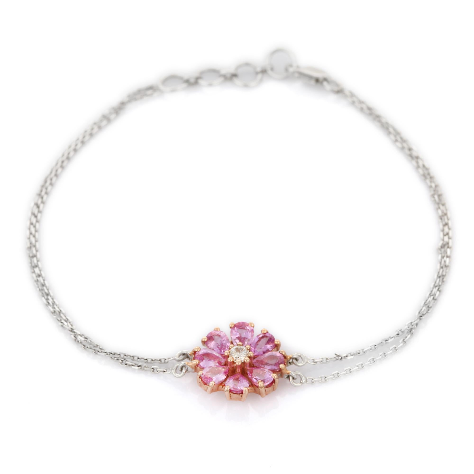 Prchtiges 1,36 Karat rosa Saphir-Blumen-Diamant-Armband aus 18 Karat Weigold (Tropfenschliff) im Angebot