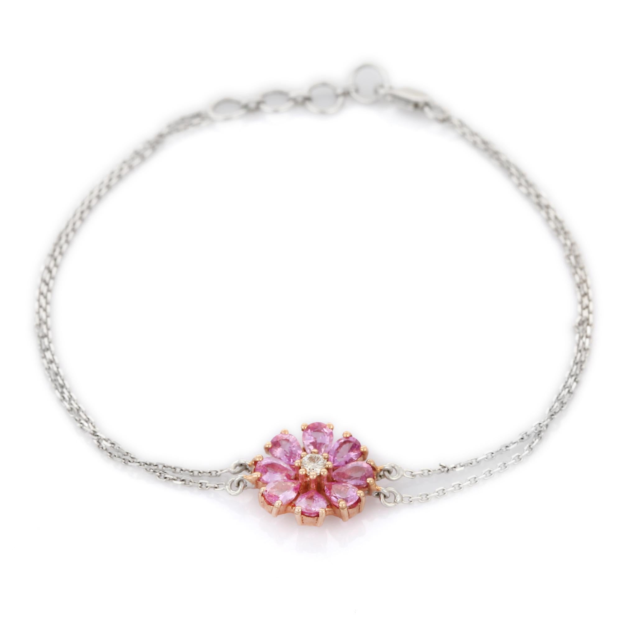 Pear Cut Magnificent 1.36 Ct Pink Sapphire Flower Diamond Bracelet in 18K White Gold For Sale