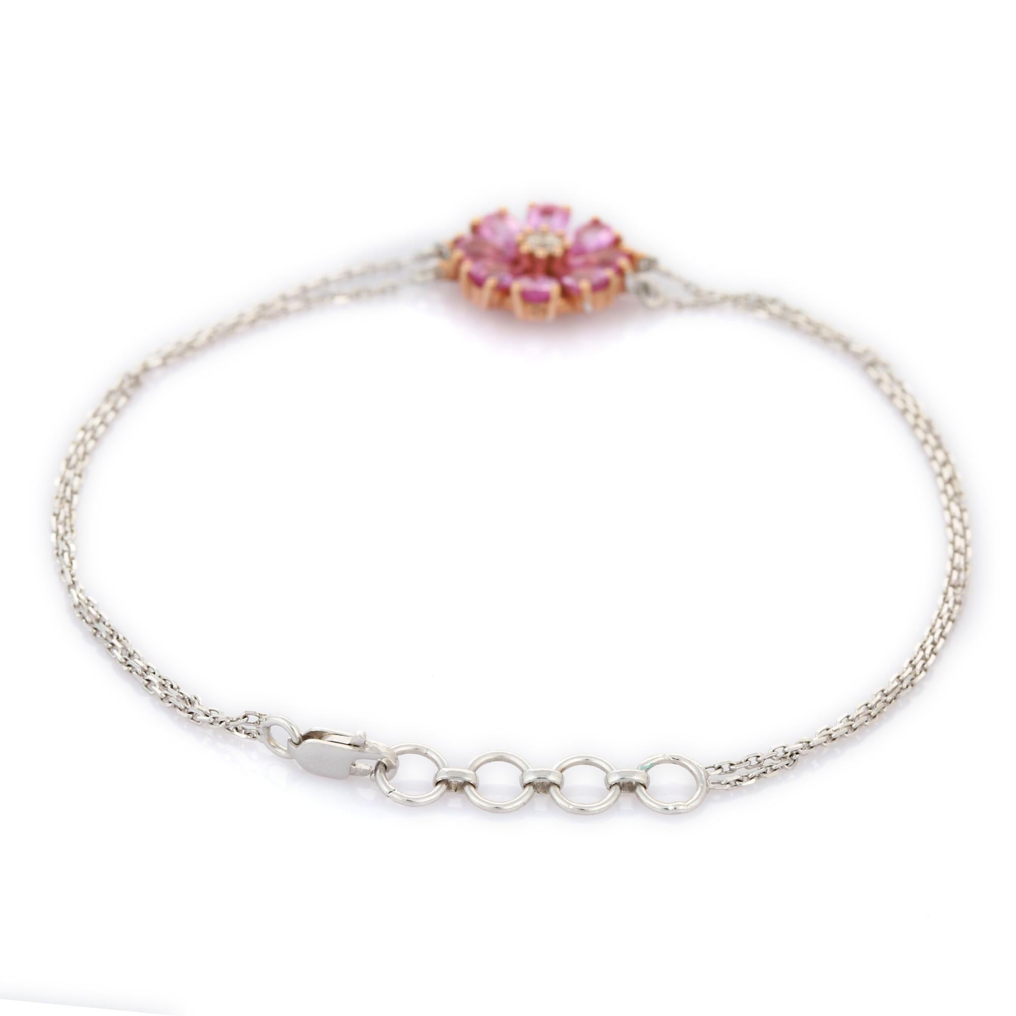 Magnificent 1.36 Ct Pink Sapphire Flower Diamond Bracelet in 18K White Gold In New Condition For Sale In New York, NY