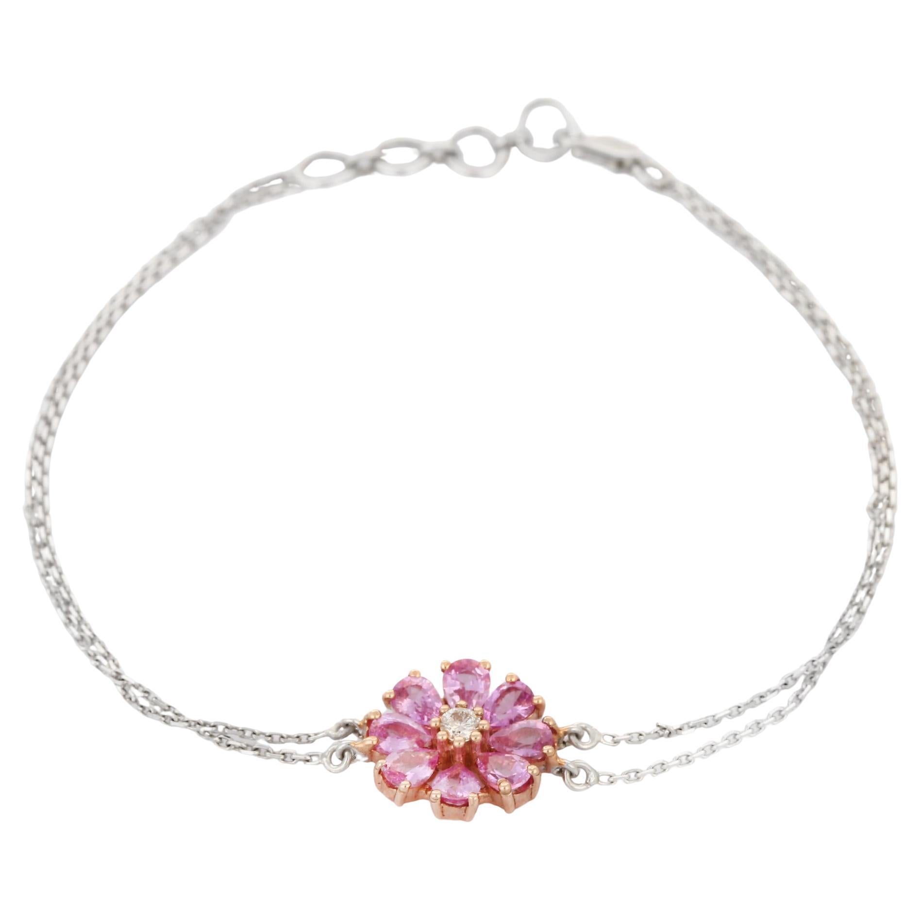 Magnificent 1.36 Ct Pink Sapphire Flower Diamond Bracelet in 18K White Gold For Sale