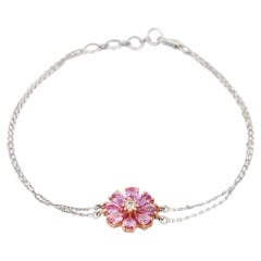 Magnifique bracelet fleur en or blanc 18 carats avec diamants et saphirs roses de 1,36 carat