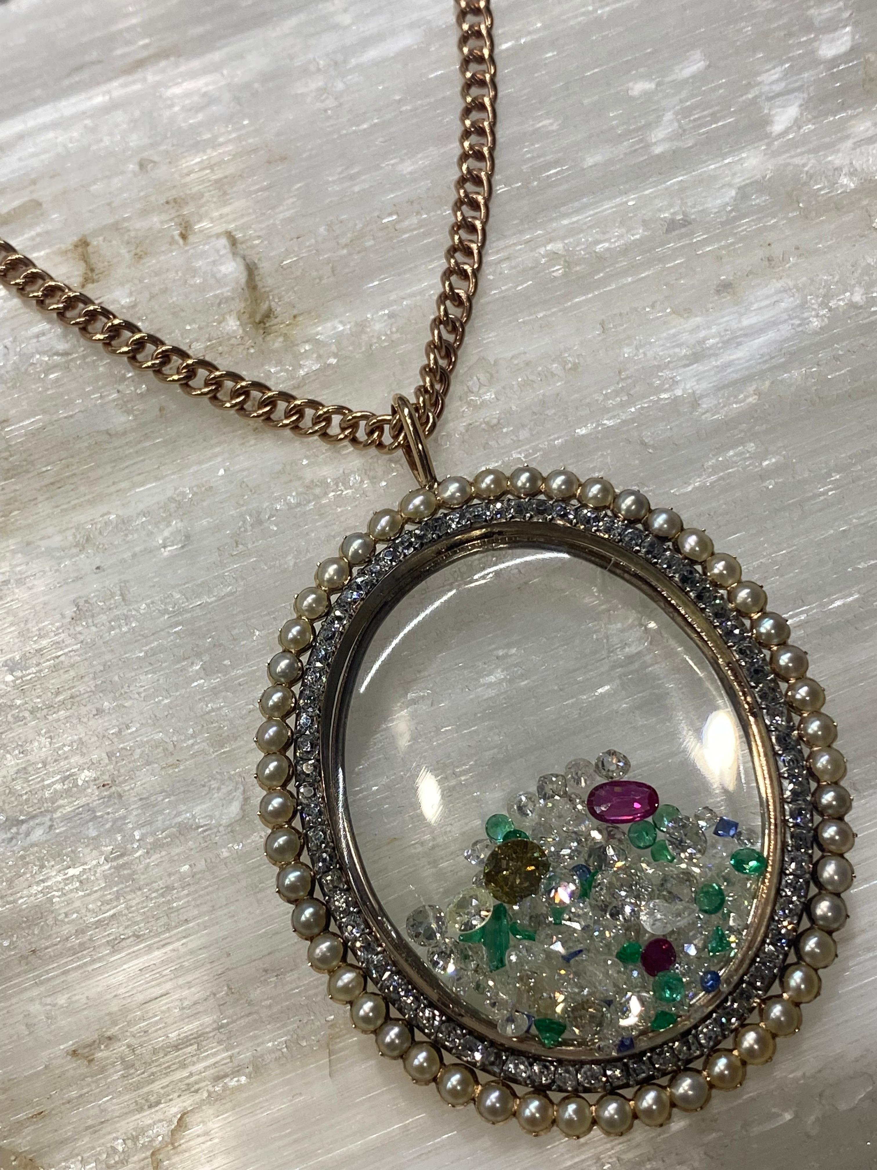 Victorian Mindi Mond 13.61 Carat Diamond Gemstone Pearl Rose Gold Shaker Pendant For Sale
