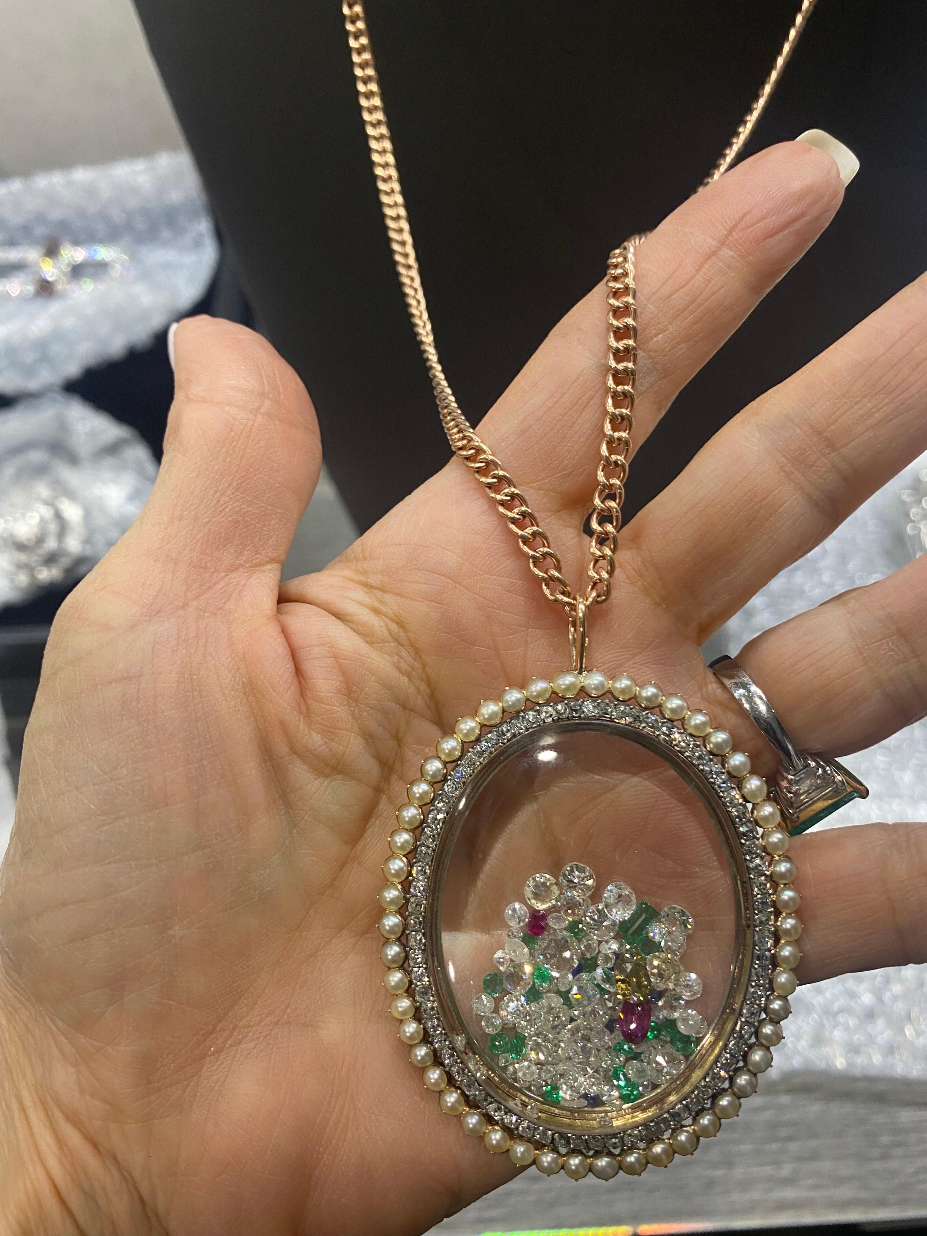 Mindi Mond 13.61 Carat Diamond Gemstone Pearl Rose Gold Shaker Pendant In Good Condition For Sale In New York, NY