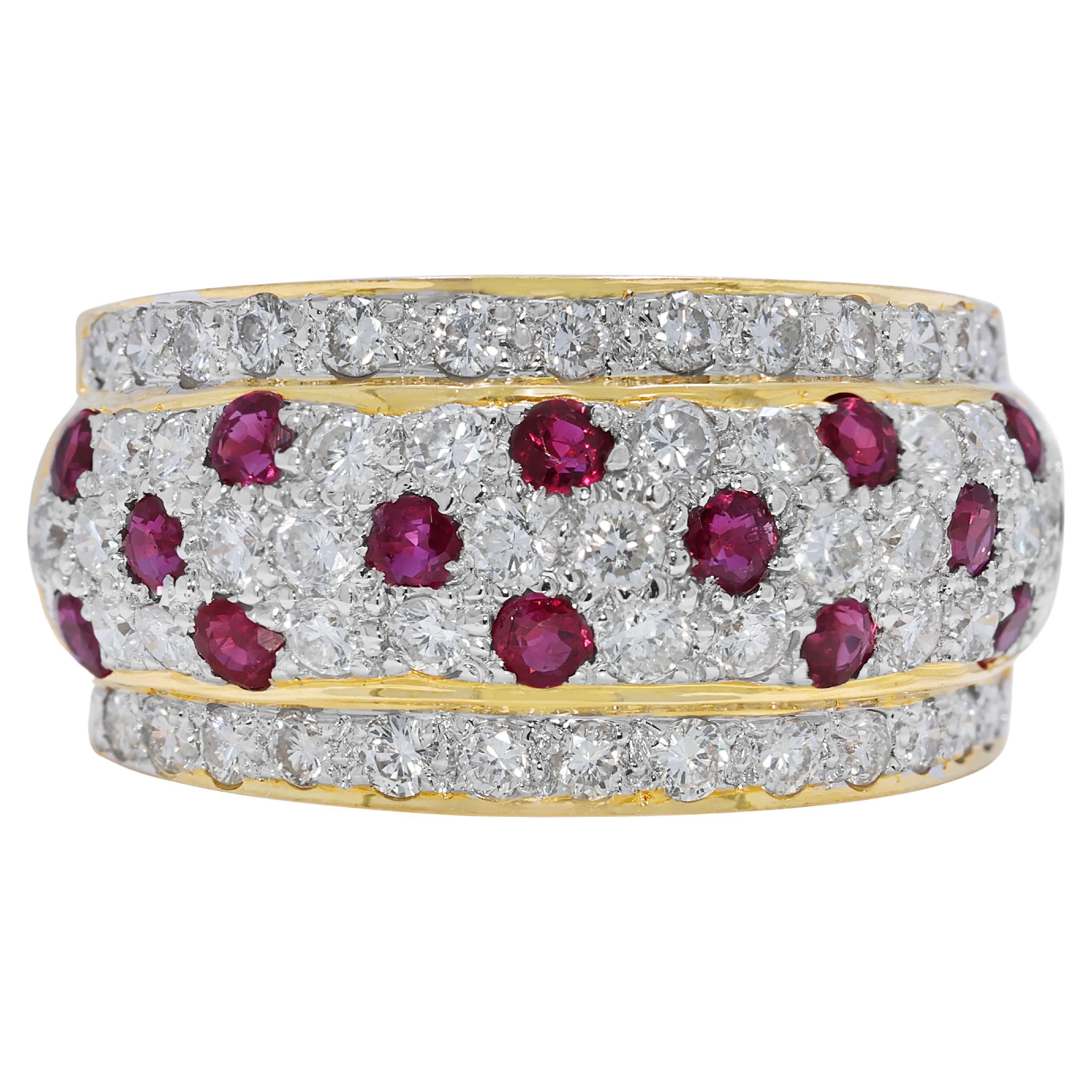 Magnifique bague en or jaune 18 carats avec rubis et diamants de 1,36ct