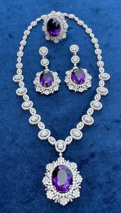 Magnificent 137.22 Carat Amethyst and Diamond Necklace, Earrings, and Ring Set
