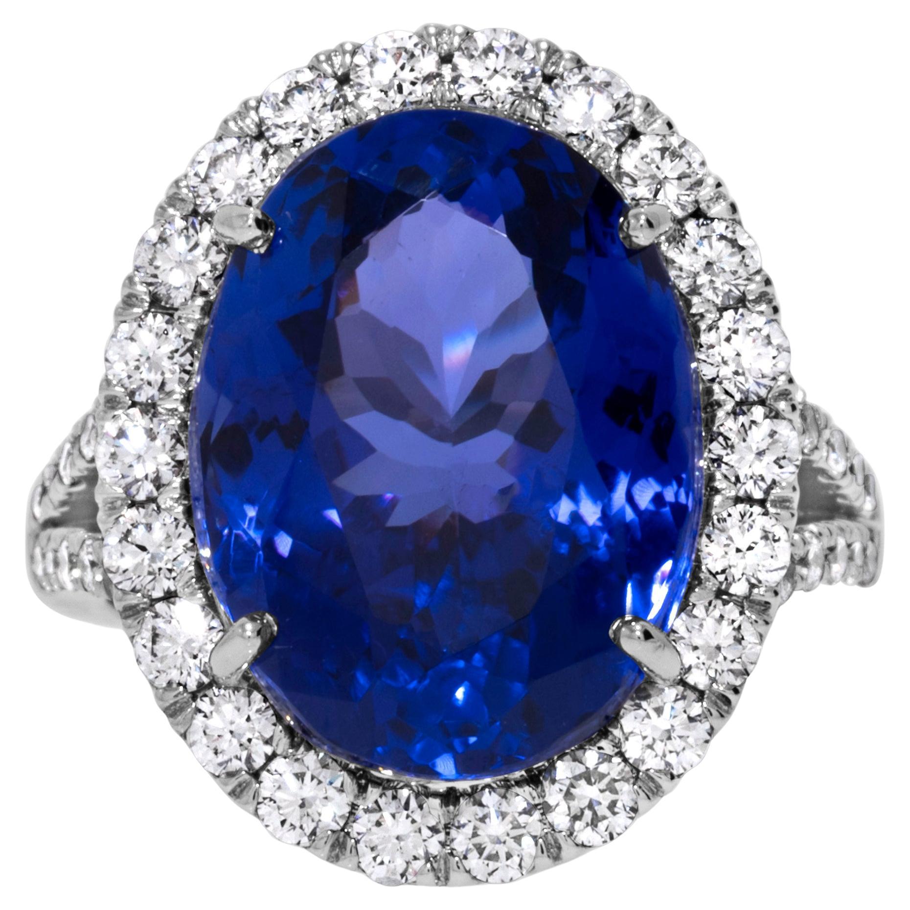 Magnificent 14.92 Carat Oval Tanzanite & Diamond Ring in 18k White Gold