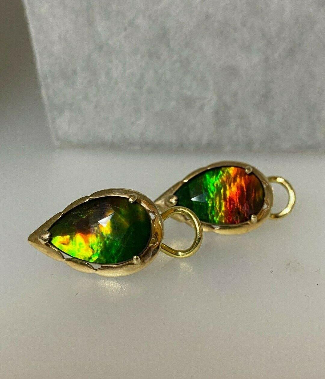 Retro Magnificent 14K 585 Yellow Gold & Drop-Shaped Faceted Ammolite Vintage Earrings For Sale