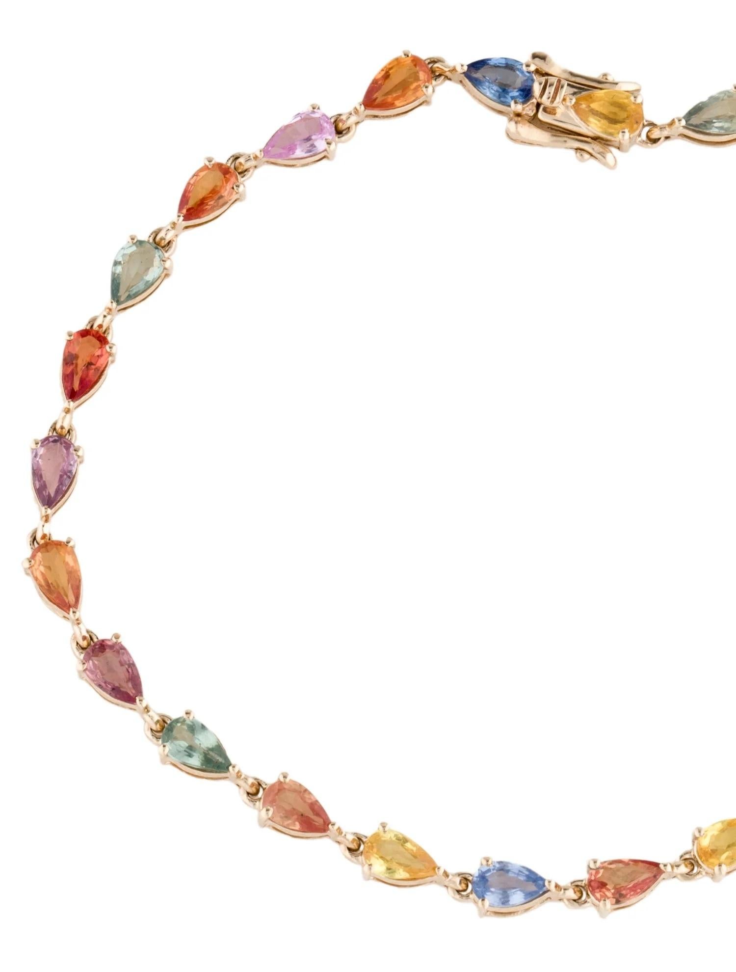 Introducing a masterpiece of fine jewelry, this 14K yellow gold bracelet is a celebration of color and light, featuring an exquisite array of 5.25 carats of pear brilliant sapphires. Each of the 25 sapphires showcases a unique hue - from the deep