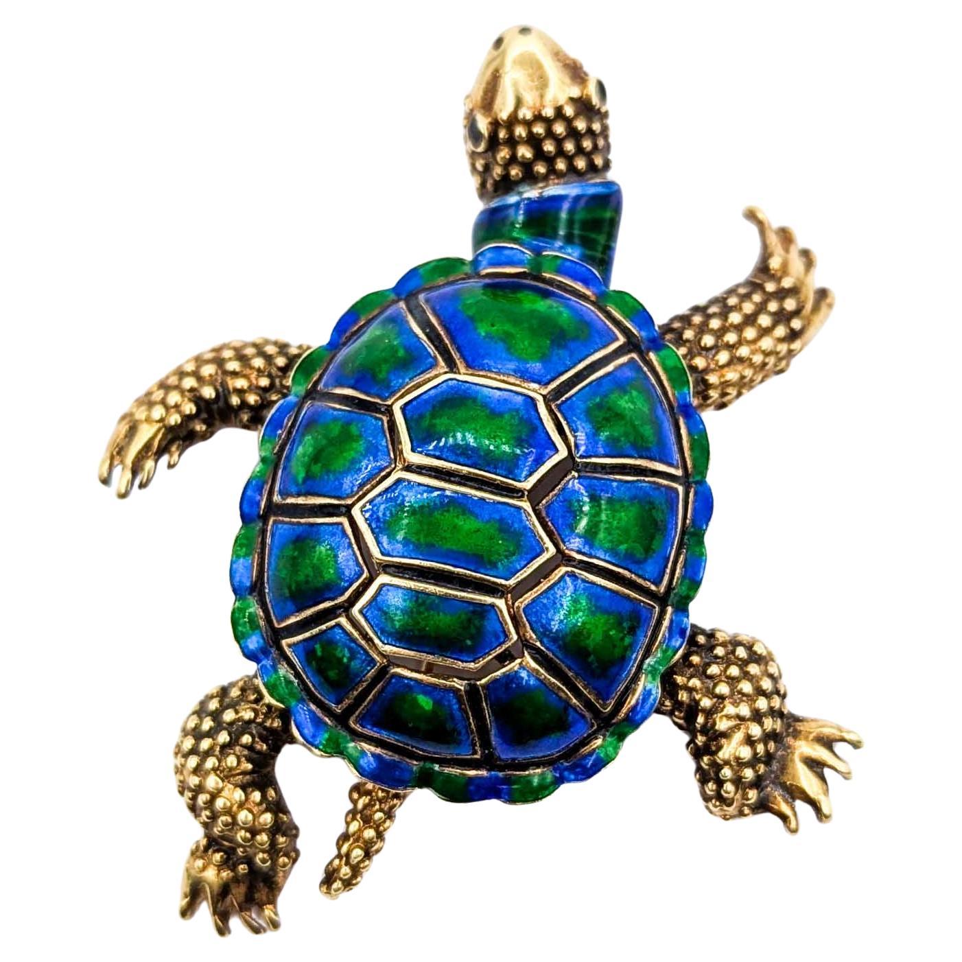 Magnificent 14k Yellow Gold Sea Turtle Brooch with Enamel