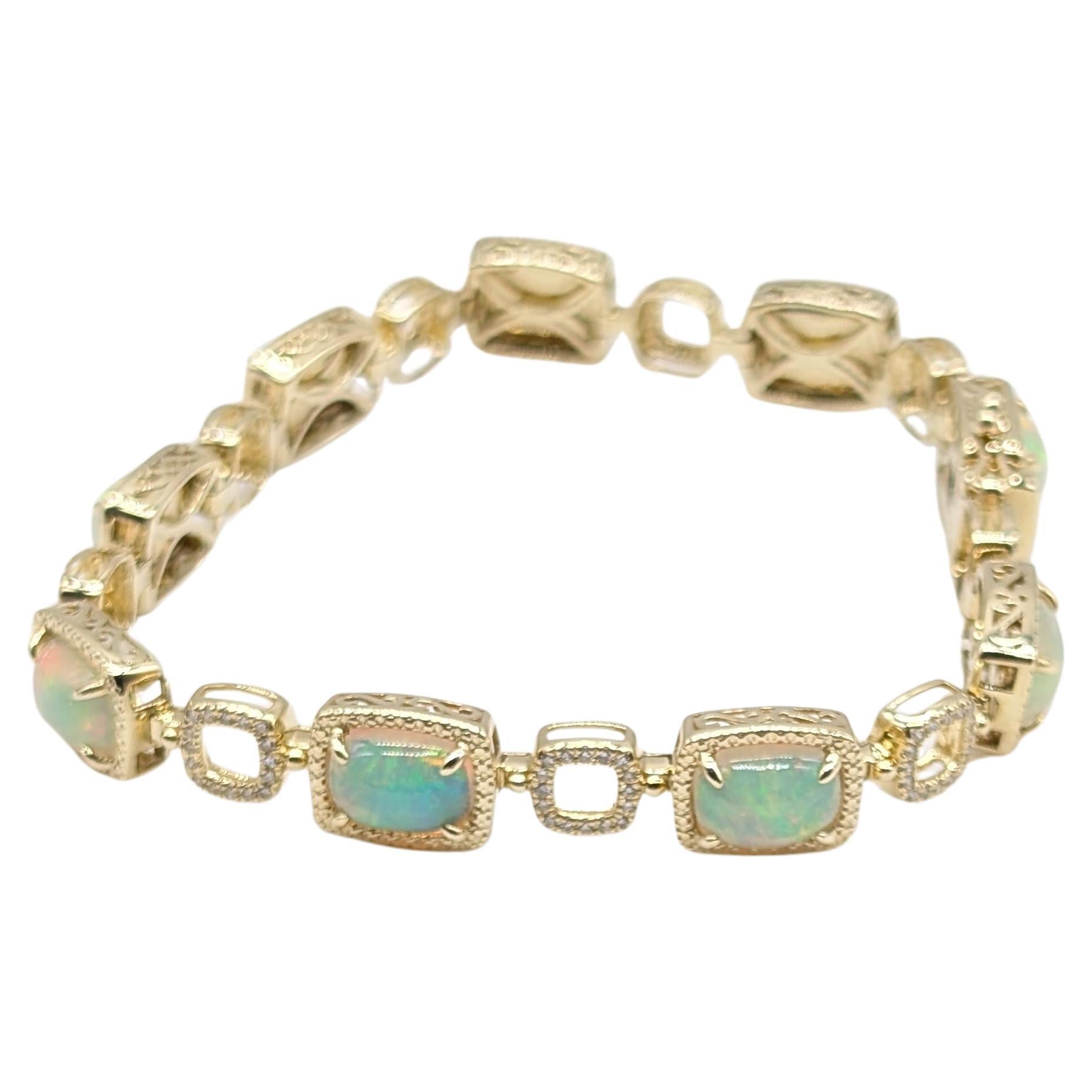 Magnificent 14K Yellow Gold White Opal and Diamond Bracelet