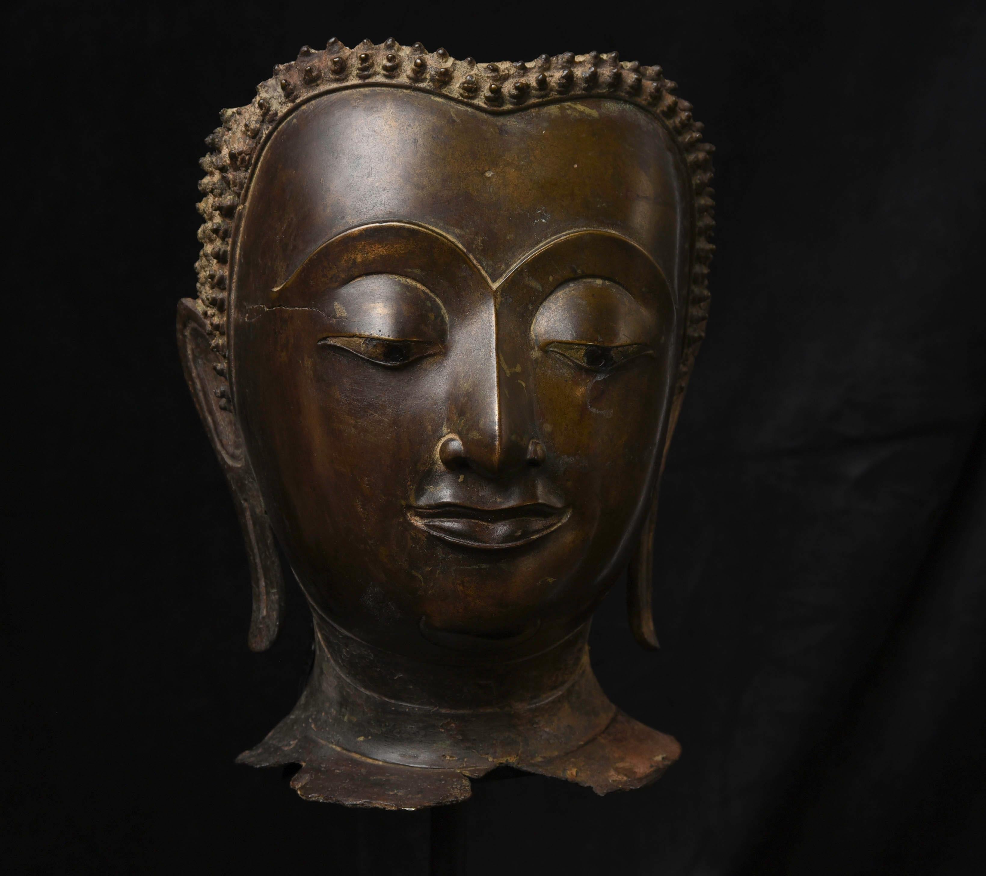 Magnificent 15thC Thai Buddha partial head, from a high-level or royal foundry. Originally part of a life-size Buddha that was cast in many parts. Even the head was cast in several parts- this was done in order to be able to gain the highest level