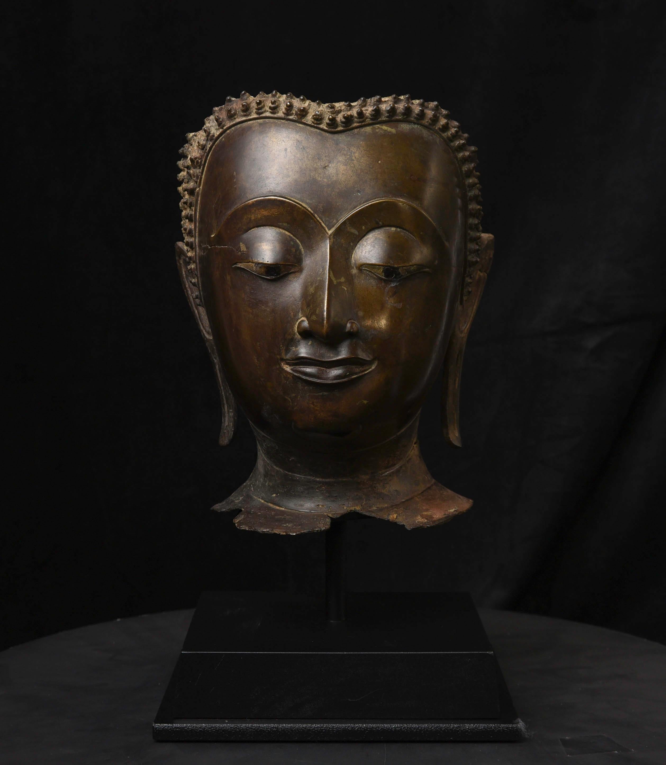 Cast Magnificent 15thc Thai Buddha Partial Head, from a High-Level or Royal Foundry For Sale