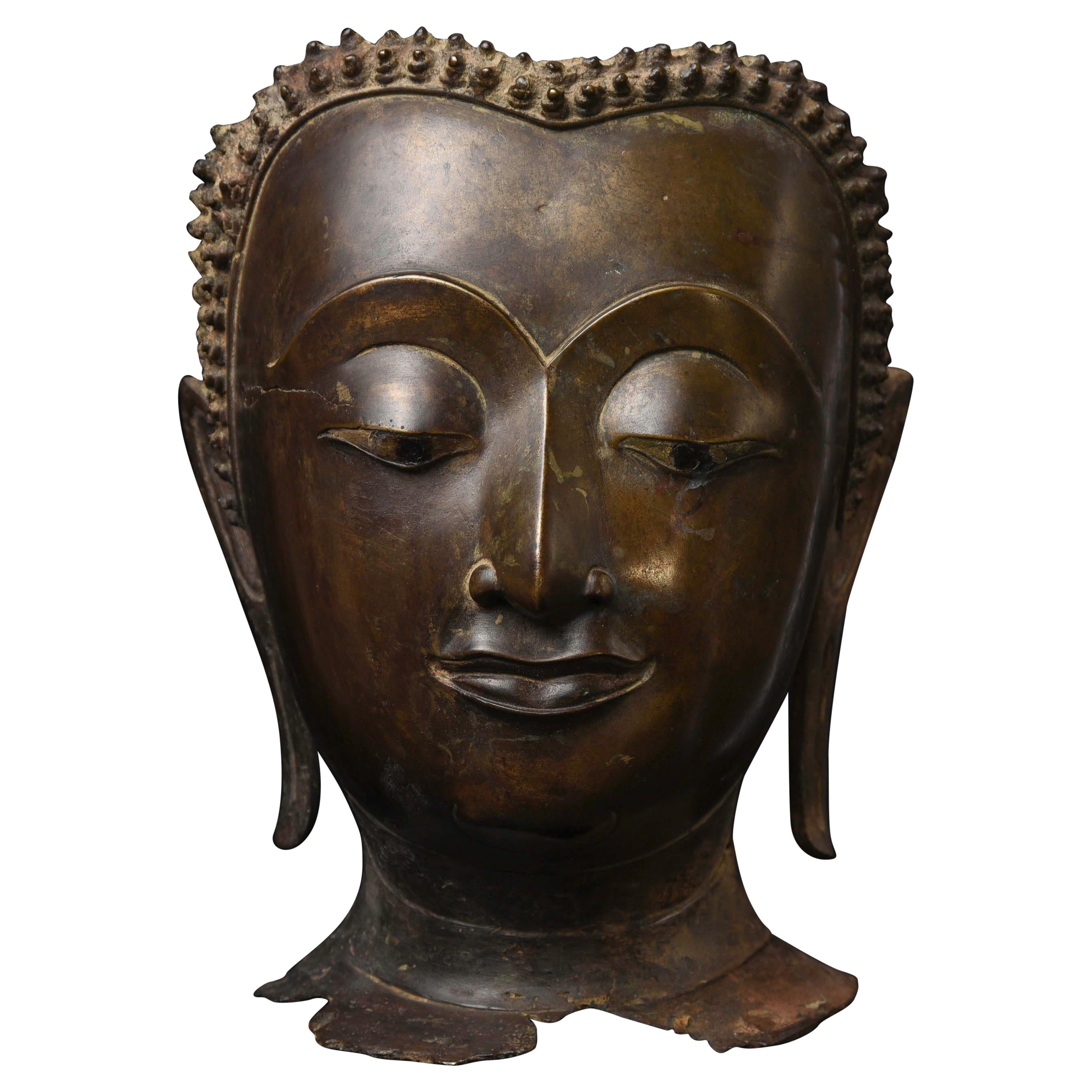 Magnifique tête de Bouddha thaïlandais du 15e siècle, provenant d'une fonderie royale ou de haut niveau.