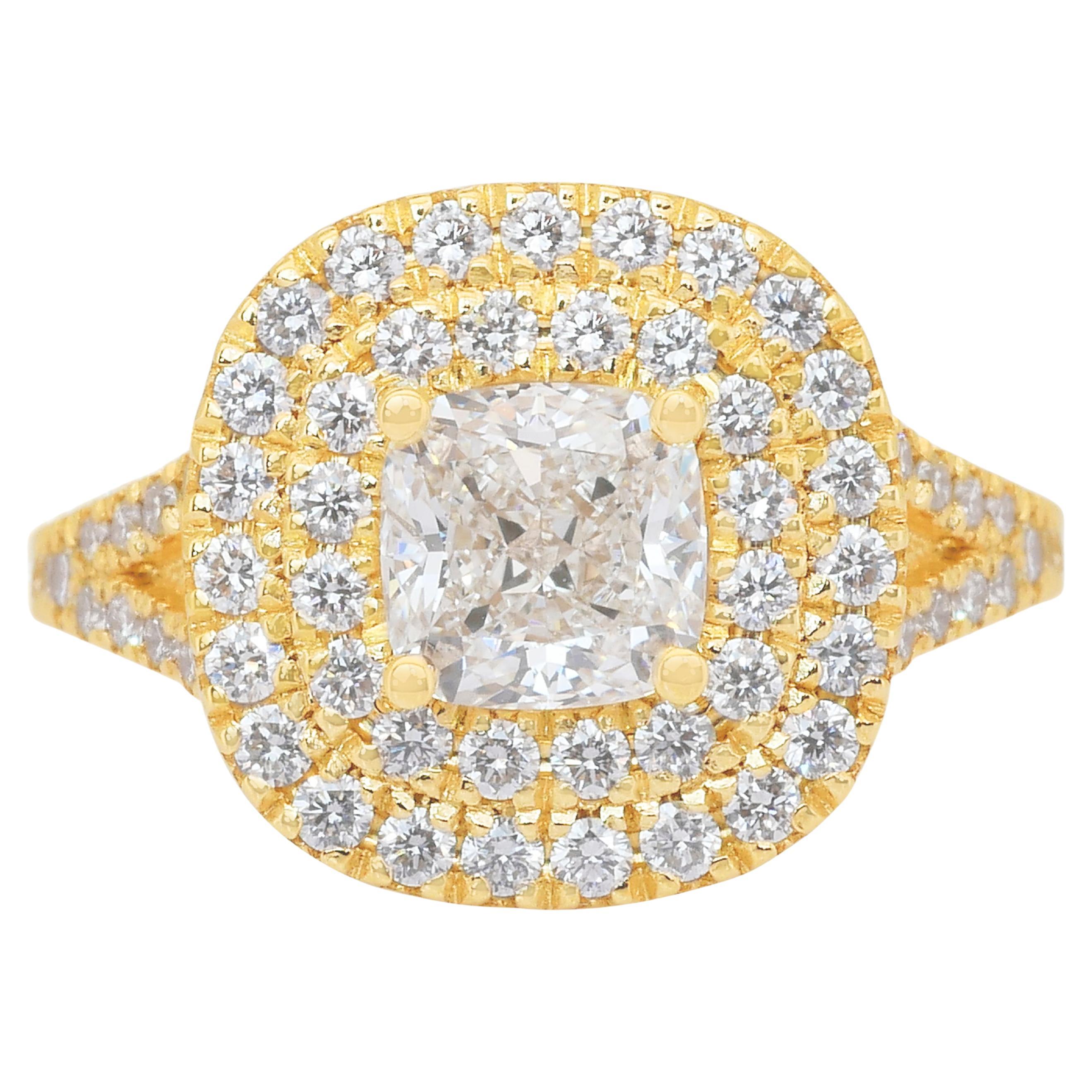 Magnificent 1.70ct Diamonds Double Halo Ring in 18k Yellow Gold - IGI Certified