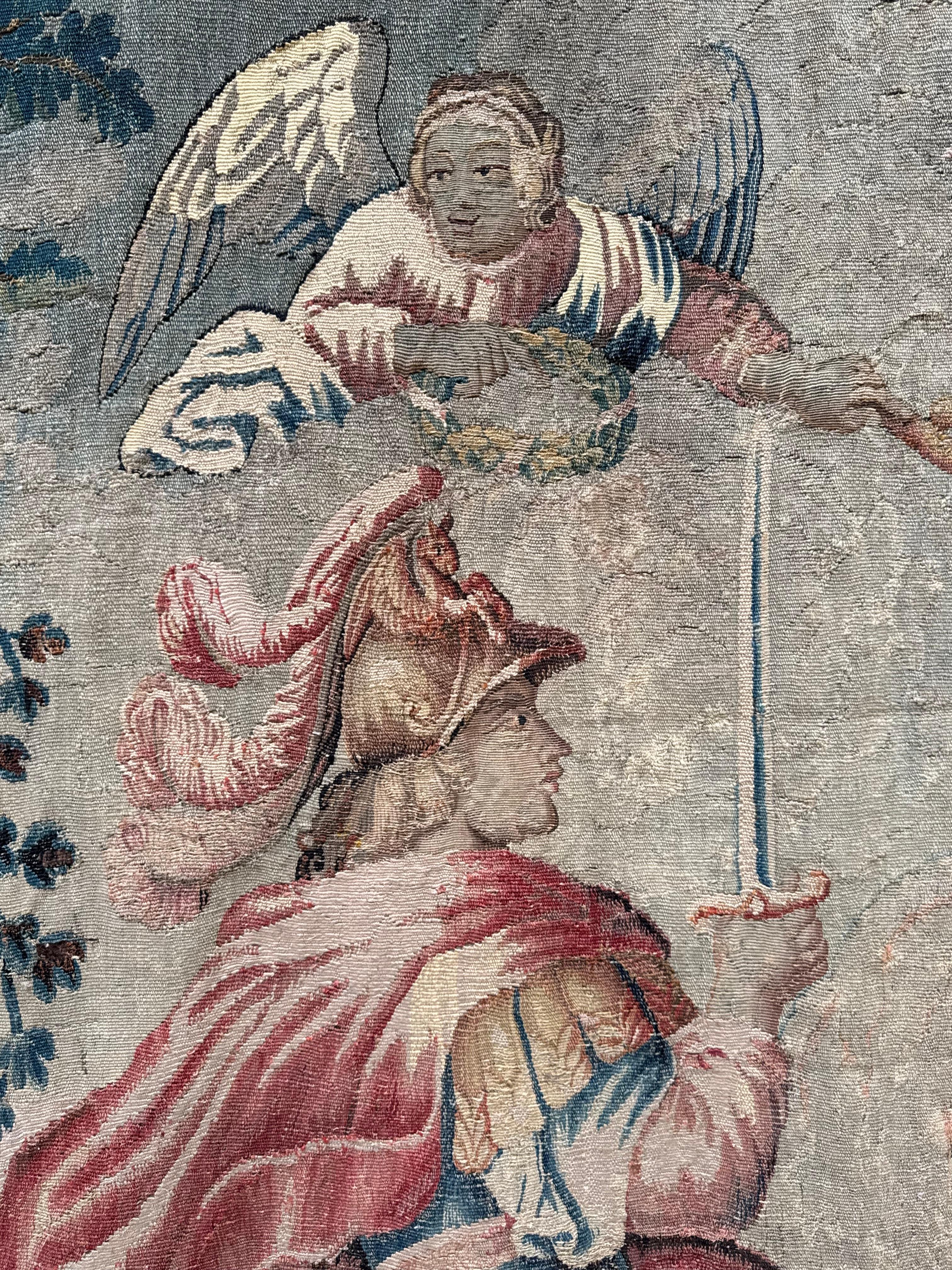 Magnificent 17th-Century French Aubusson Tapestry – Alexander the Great and Bucephalus
An exceptional and rare Aubusson tapestry from the 17th century, masterfully handwoven in wool and silk, presenting a grand allegorical scene of Alexander the