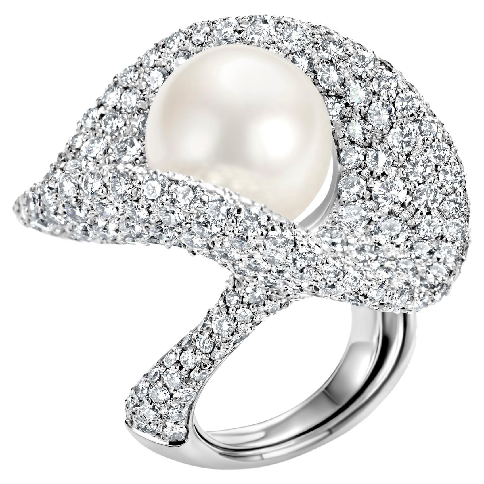 Prächtiger Ring aus 18 Karat Weißgold mit 14,5 Karat Diamanten und einer großen Perle im Angebot 13