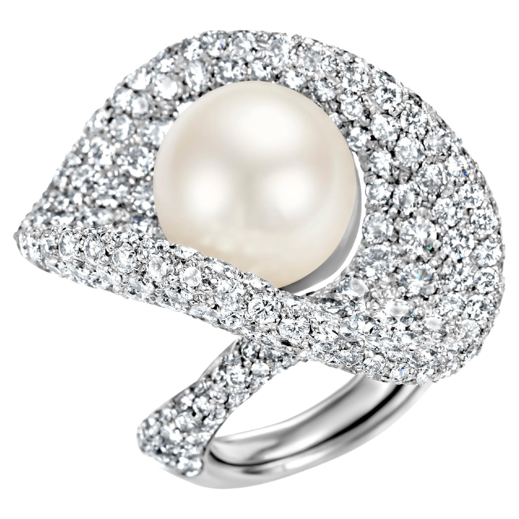 Prächtiger Ring aus 18 Karat Weißgold mit 14,5 Karat Diamanten und einer großen Perle im Angebot 14