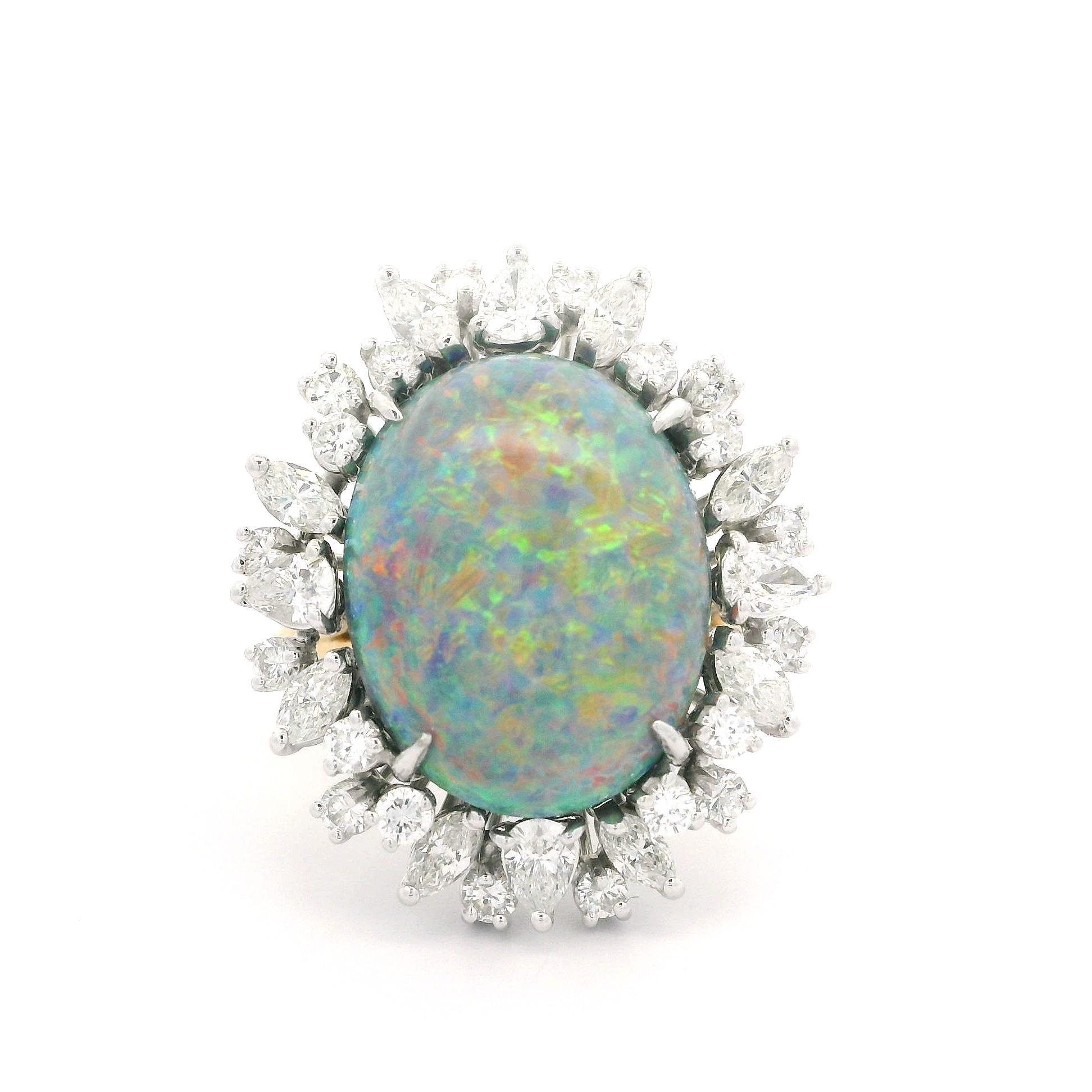 Magnificent 18k Gold GIA 12.25ctw Black Opal & Diamond Halo Cocktail Ring In Excellent Condition In Montclair, NJ