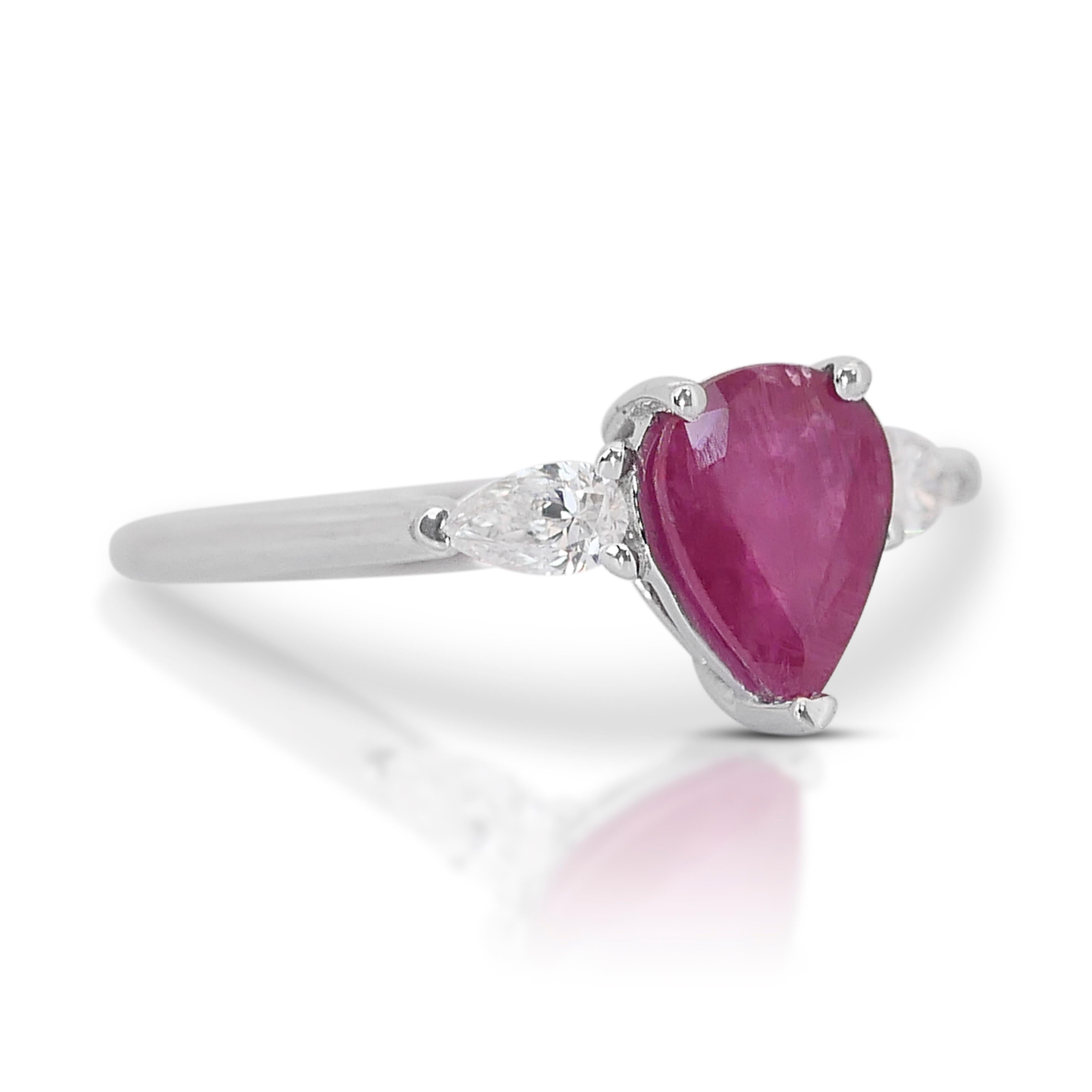 Mixed Cut Magnificent 18K White Gold 3 Stone Ring - Diamond & Ruby w/ 1.31ct- IGI Cert For Sale