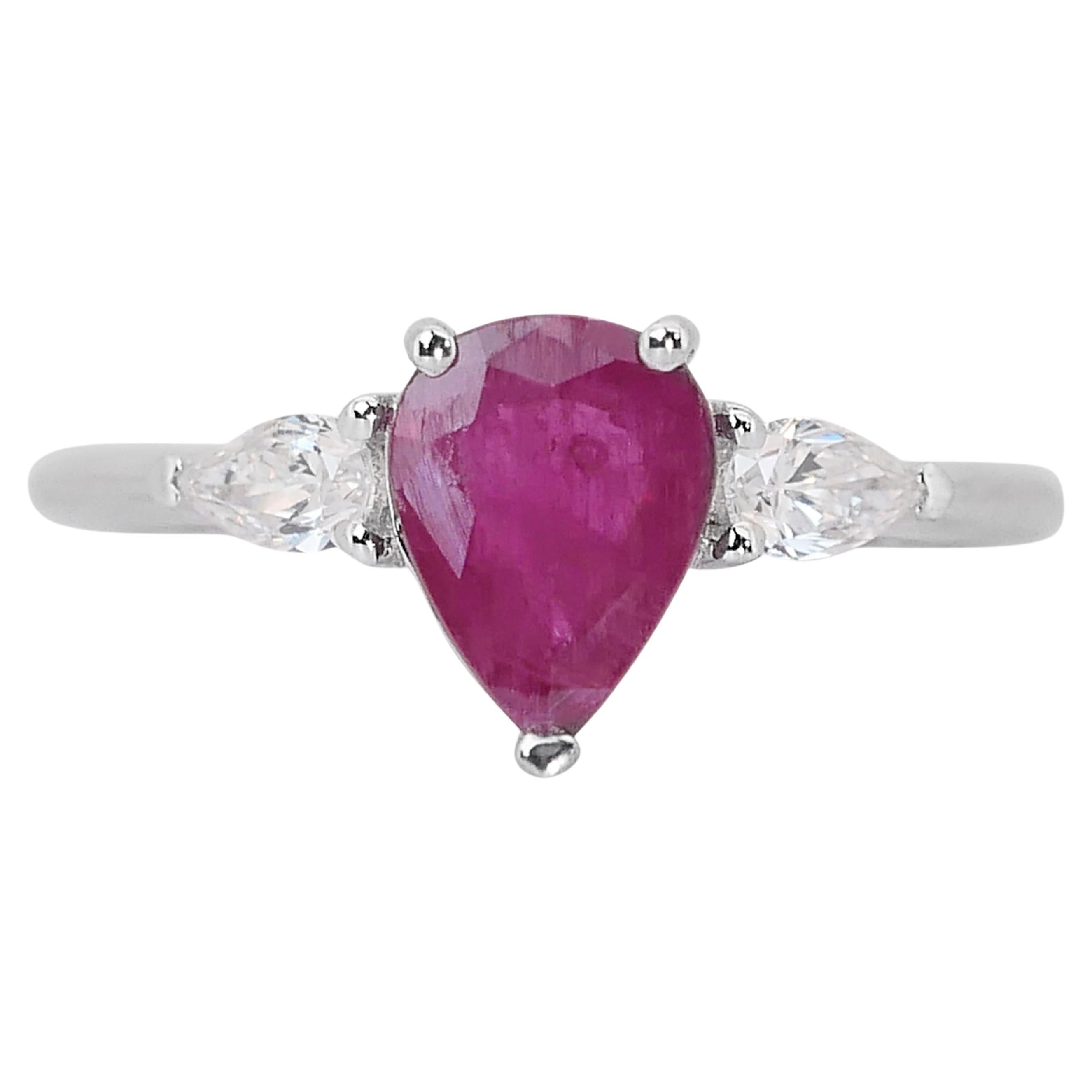 Magnificent 18K White Gold 3 Stone Ring - Diamond & Ruby w/ 1.31ct- IGI Cert For Sale