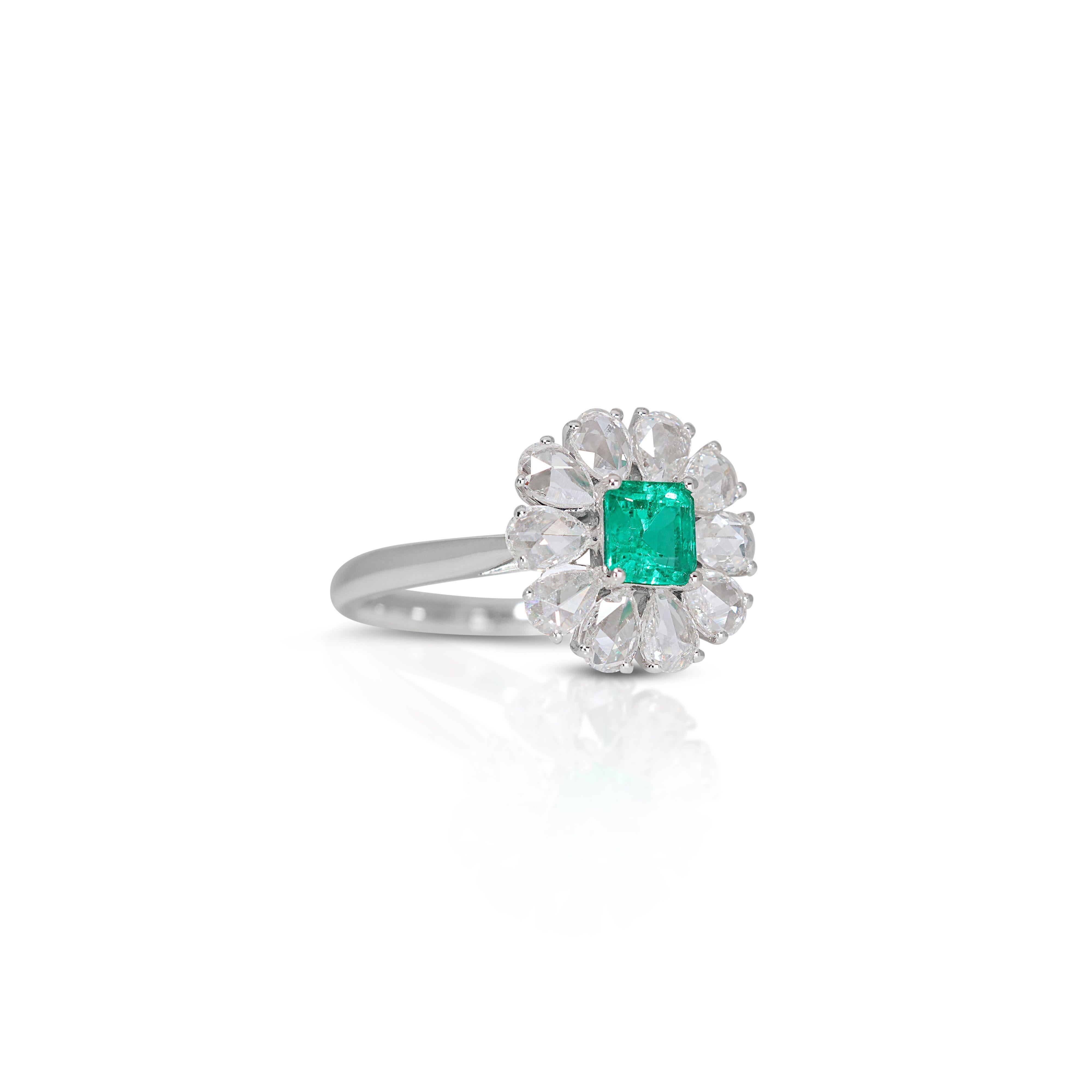Mixed Cut Magnificent 18K White Gold Emerald Flower Ring For Sale
