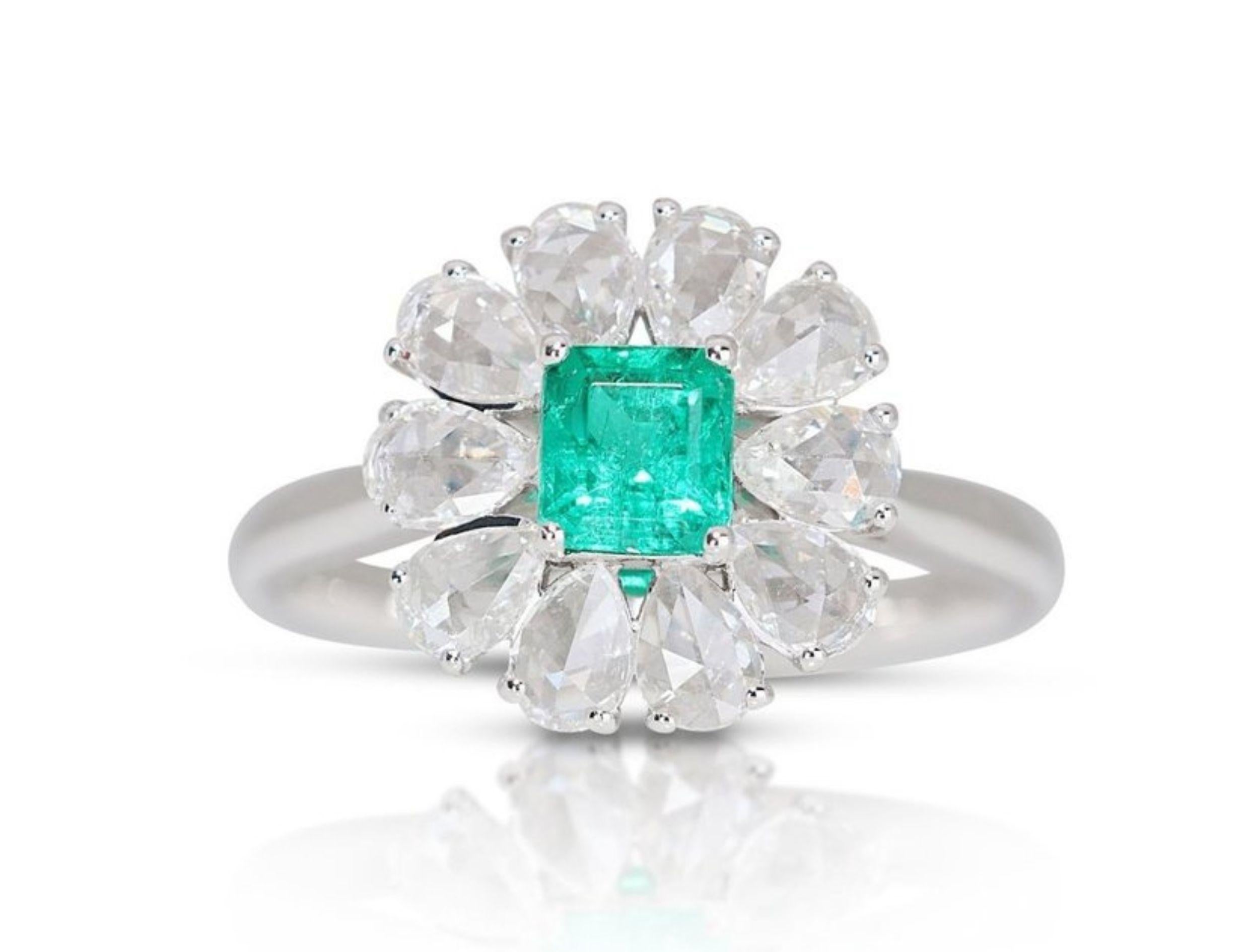 Emerald Cut Magnificent 18K White Gold Emerald Flower Ring For Sale