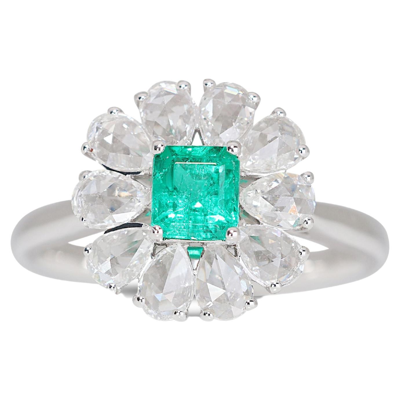 Magnificent 18K White Gold Emerald Flower Ring For Sale