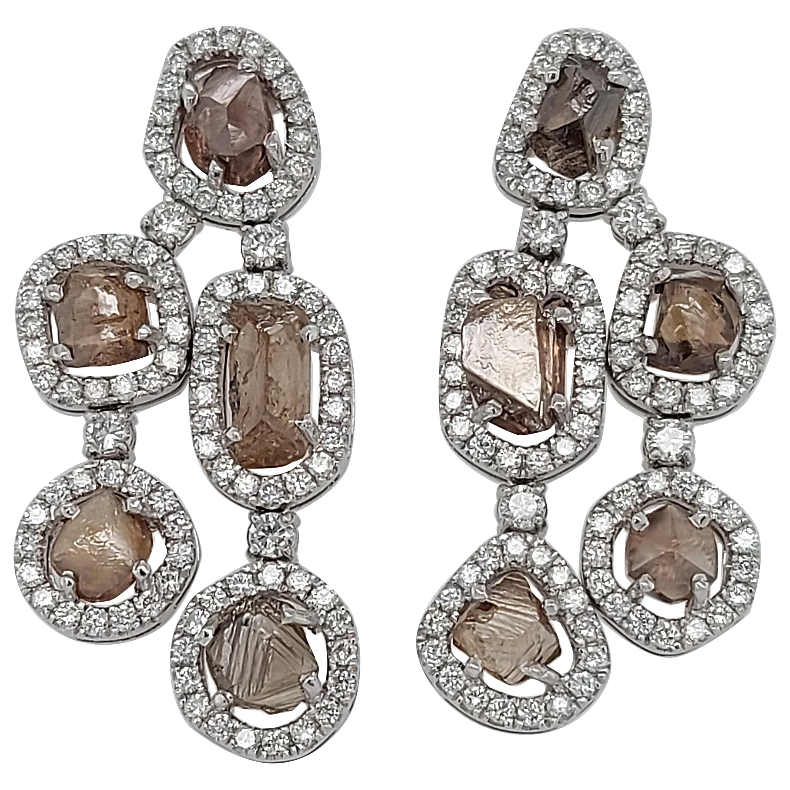 Magnificent 18kt Gold Chandelier Earrings with 13.22 Ct Natural Rough Diamonds For Sale