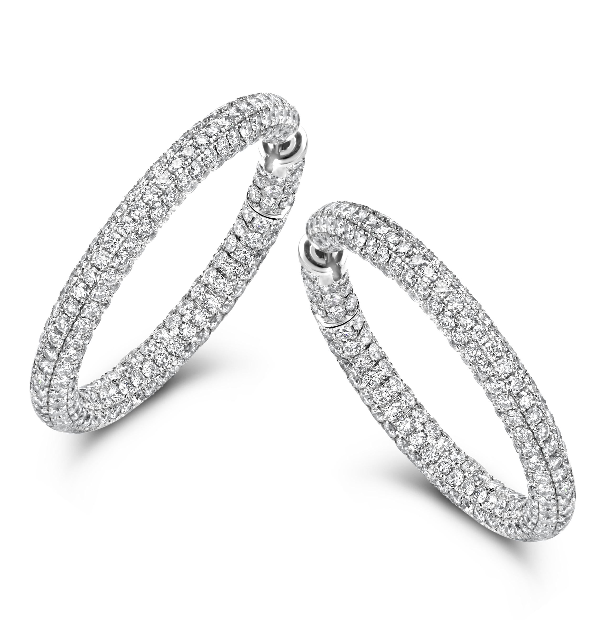 Artisan Magnificent 18 Karat White Gold Hoop Earrings with 22.6 Carat Diamonds For Sale