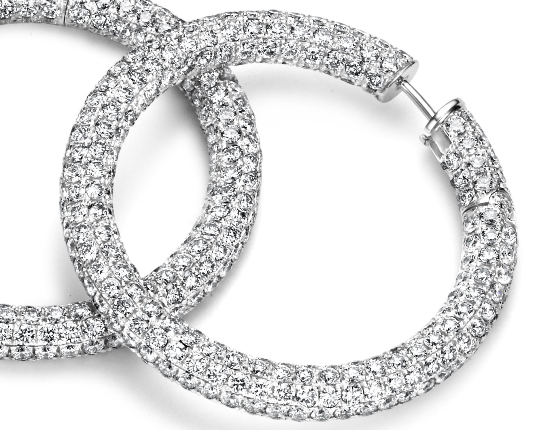 Brilliant Cut Magnificent 18 Karat White Gold Hoop Earrings with 22.6 Carat Diamonds For Sale