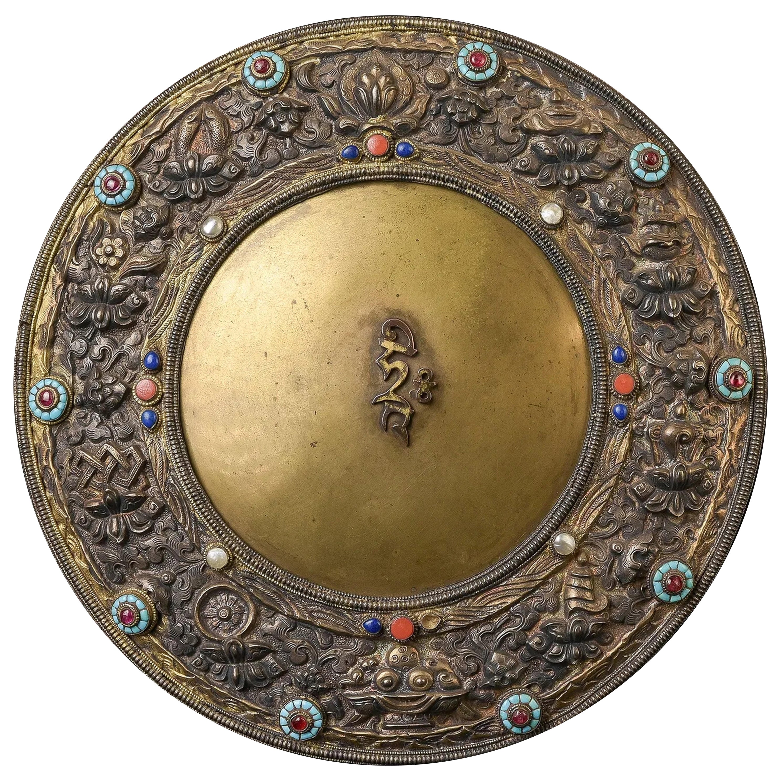 Magnificent 18th/19thC or Earlier Tibetan Cast Copper and Bronze Tantric Mirror For Sale
